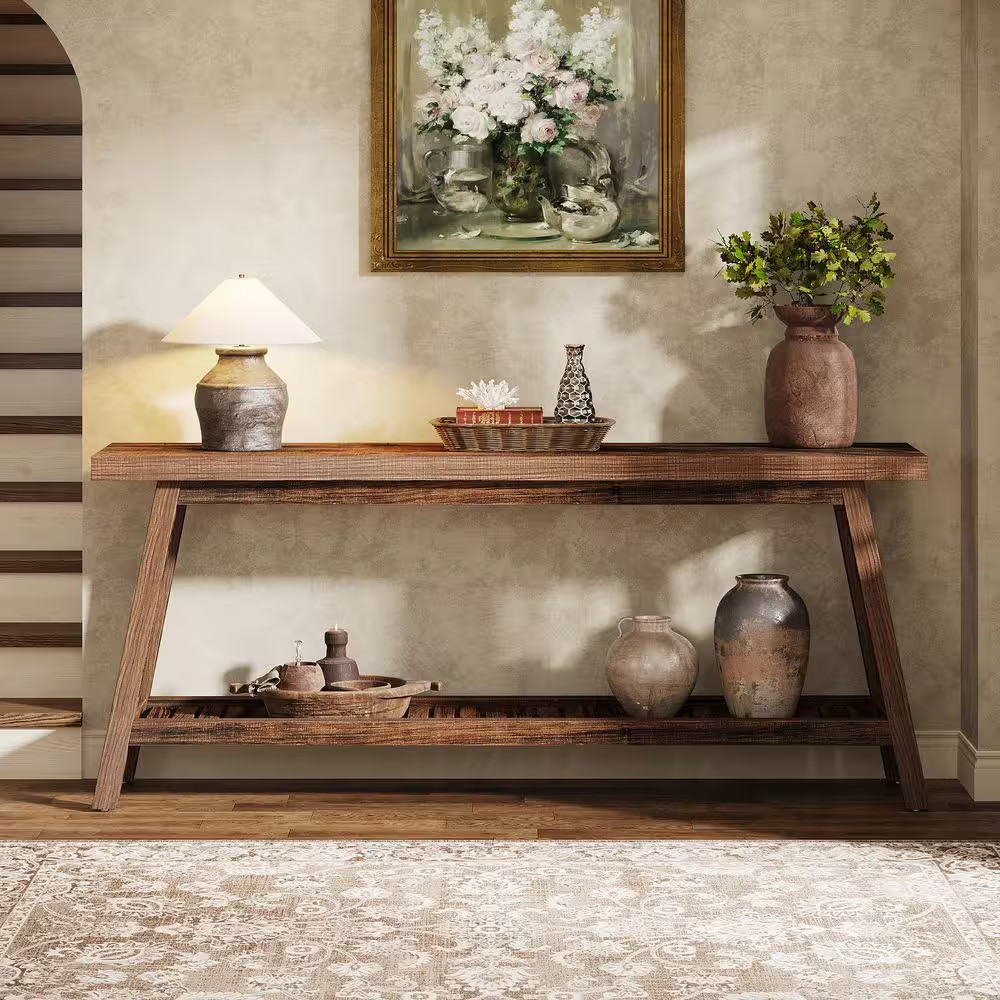 Turrella 70.9 In. Rustic Brown Rectangle Wood Console Table with 2-Tier Storage