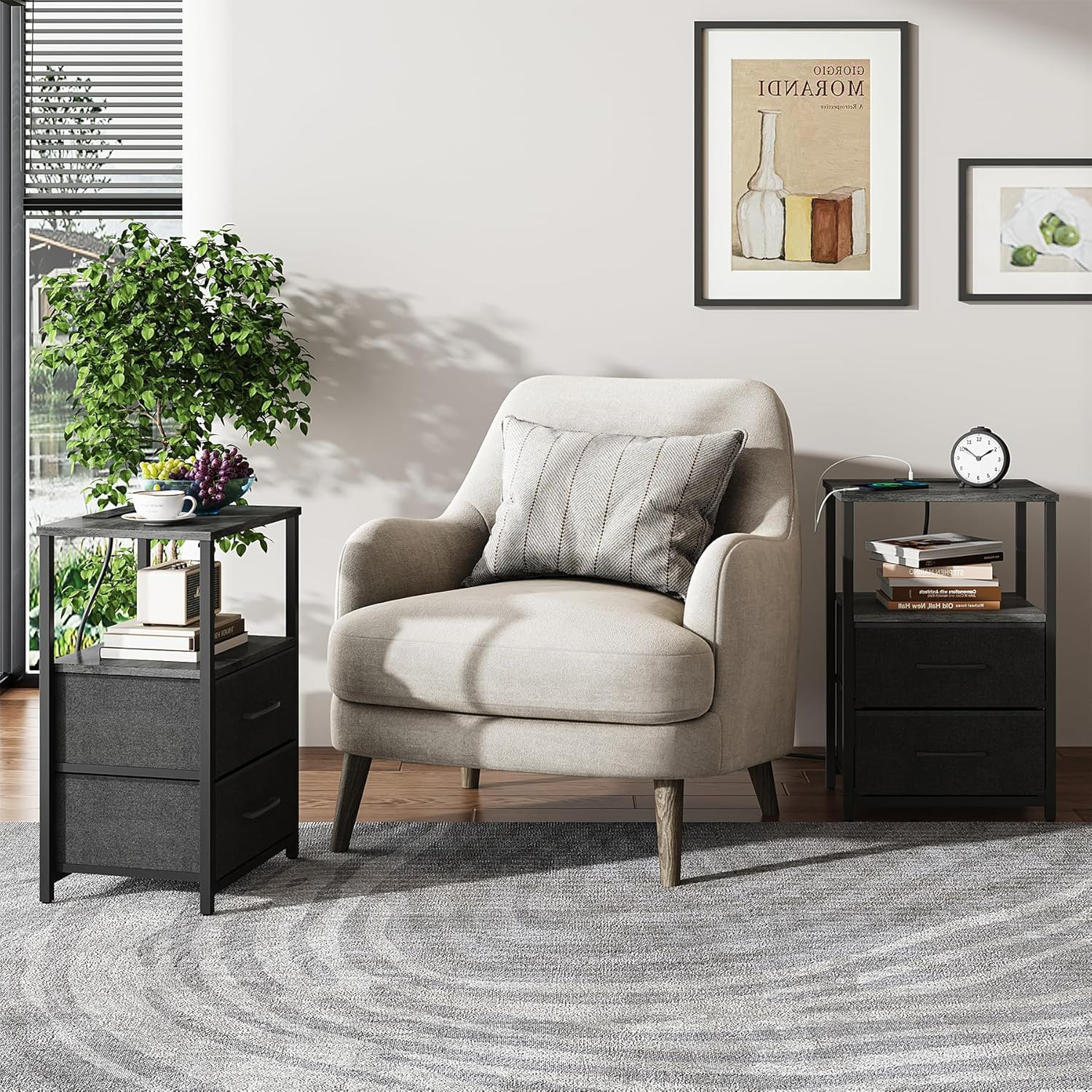 Stylish End Table Set with Charging Station & USB Ports – Charcoal Grey