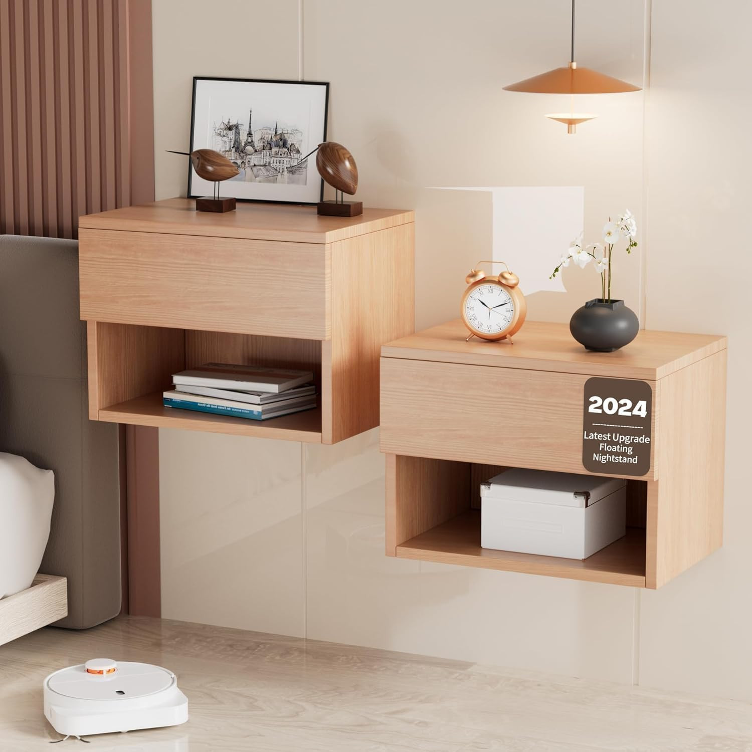 Modern Floating Nightstand Set of 2 – Wall Mounted Bedside Table with Drawer