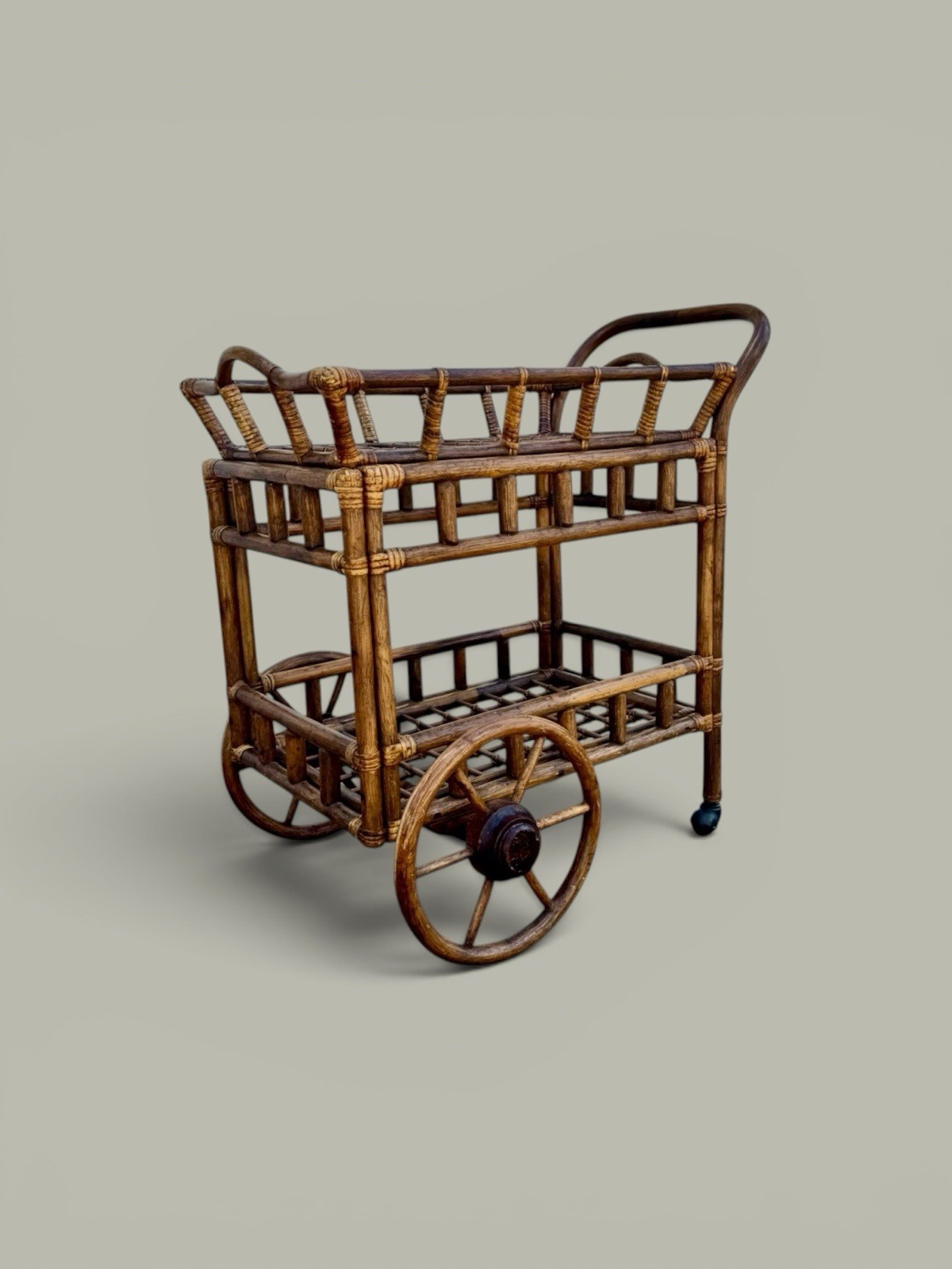 Vintage 1970s Bamboo Rolling Bar Cart with Removable Serving Tray