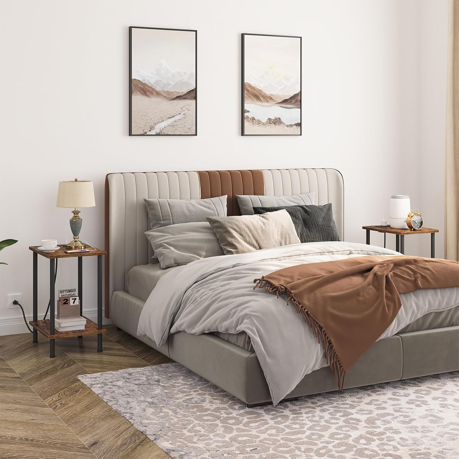Chic Rustic Brown Side Table with USB and AC Charging Station – Compact Design