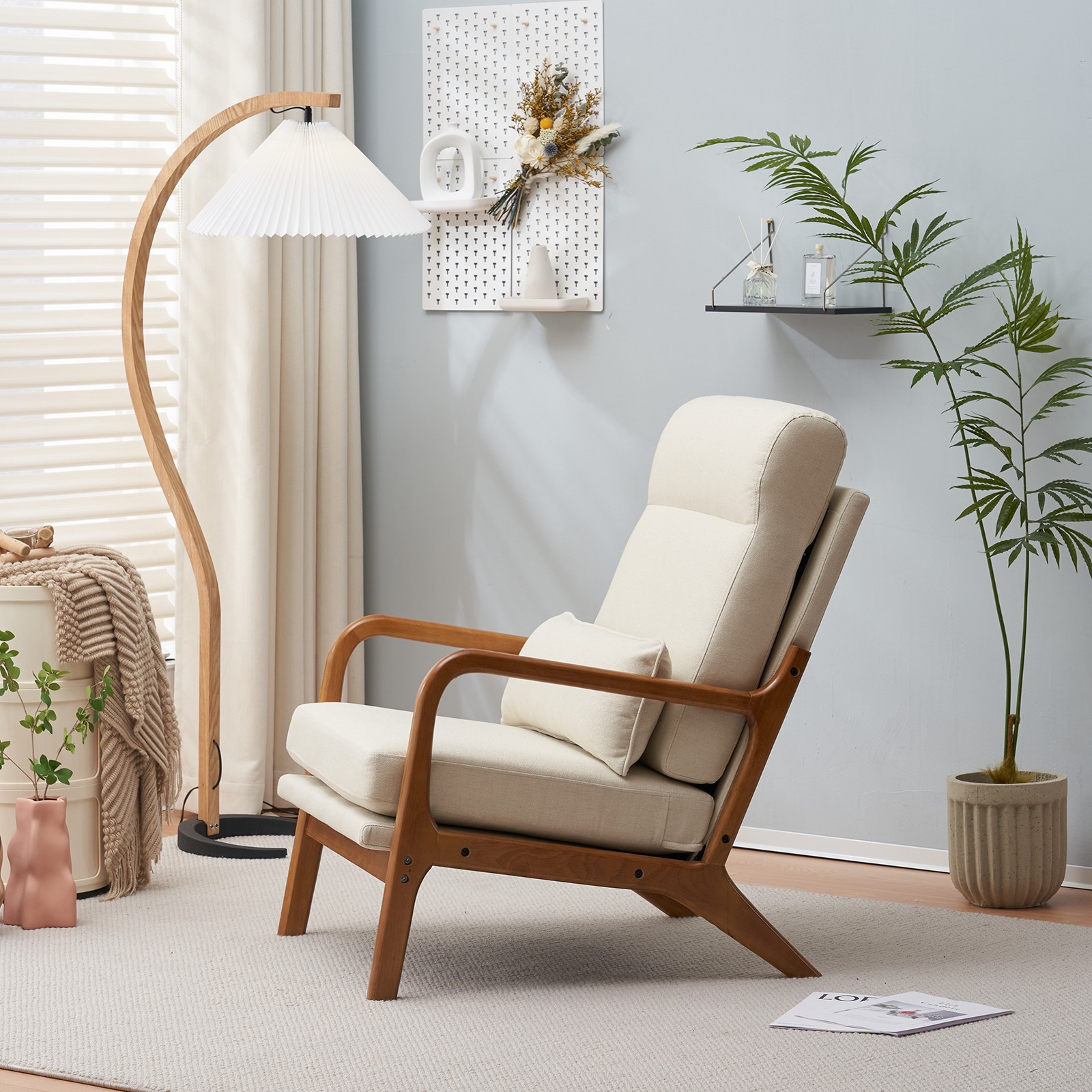 High Back Solid Wood Armrest Backrest Iron Frame Linen Indoor Leisure Chair Off