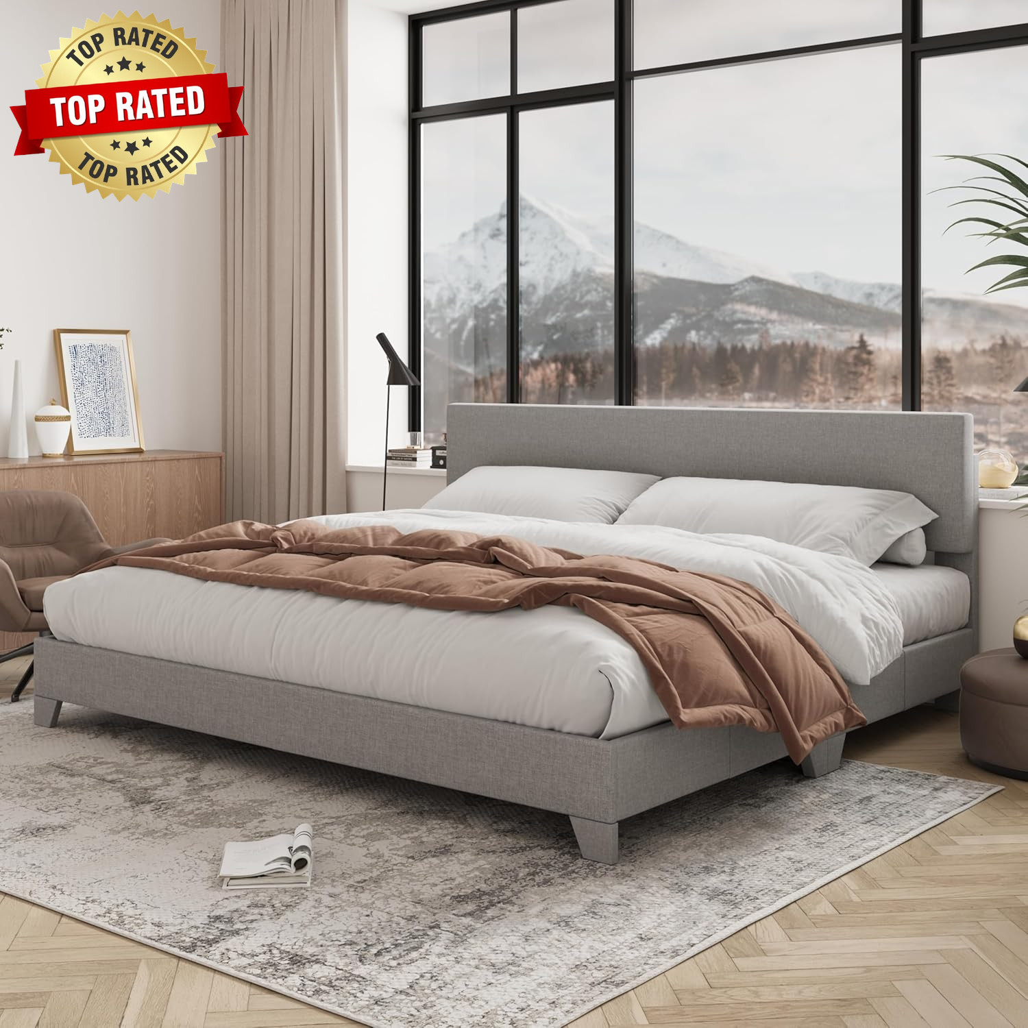 King Size Platform Bed Frame with Adjustable Upholstered Headboard, Strong Wood