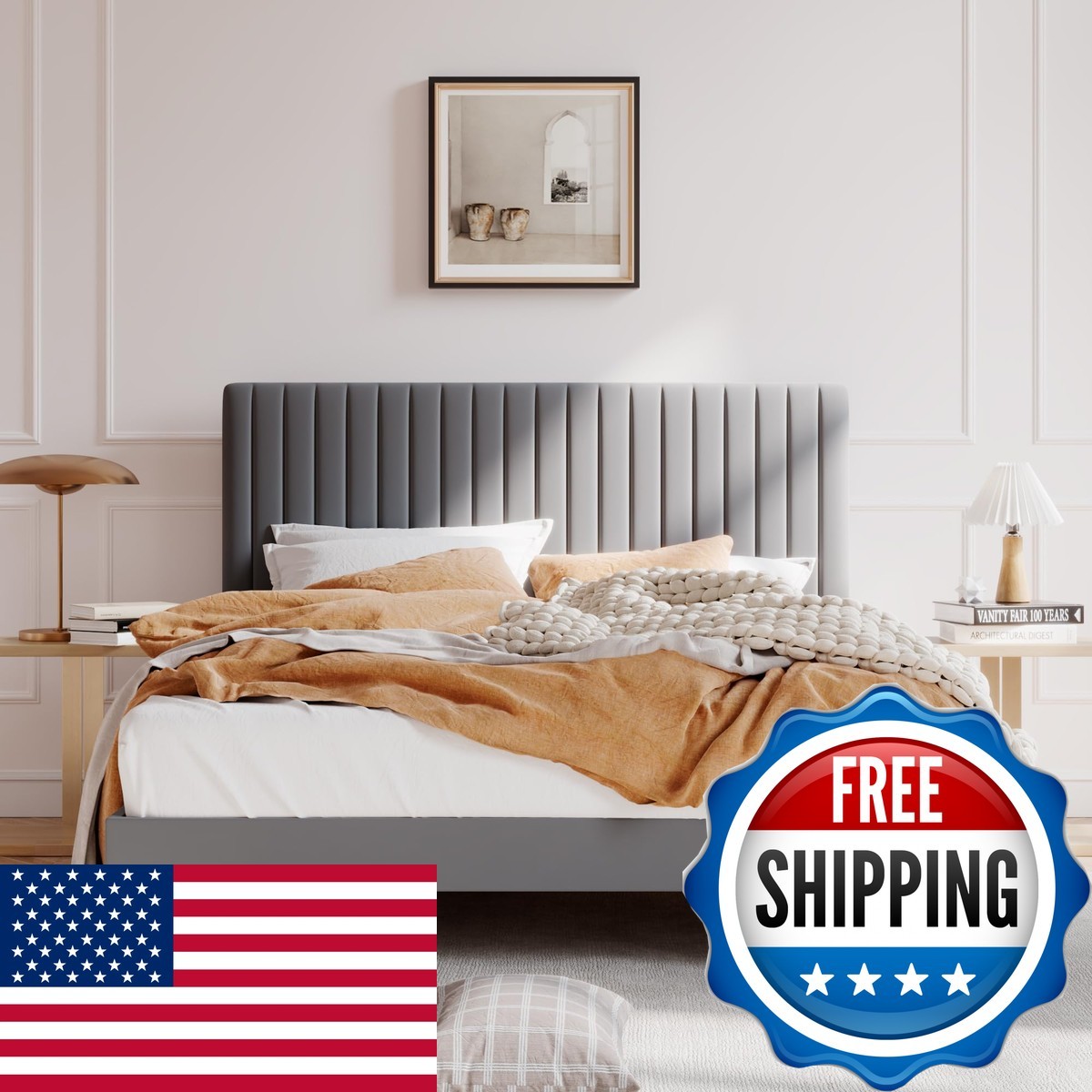 SHA CERLIN AK-LE6017 Queen Upholstered Platform Bed Frame Grey Velvet Headboard
