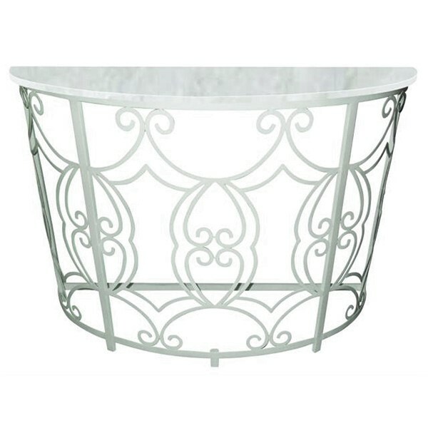 Luxe White Iron Scroll Demilune Console Table Marble Top Romantic Cottage