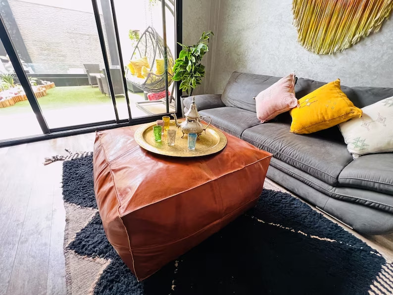 30” Square Moroccan Leather Ottoman | Handmade Boho Footstool Pouf, Genuine Best