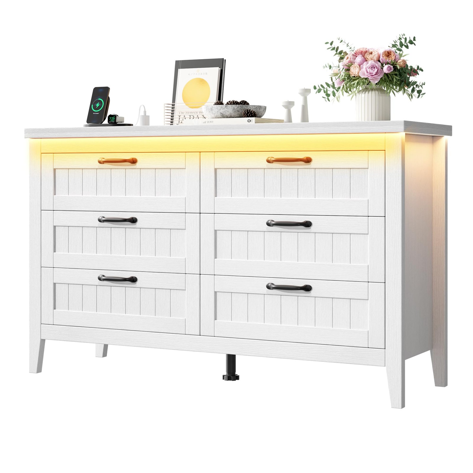 47″ Farmhouse Chests of Drawers, 6 Drawer Dresser, RGB LED Lights & Power Outlet