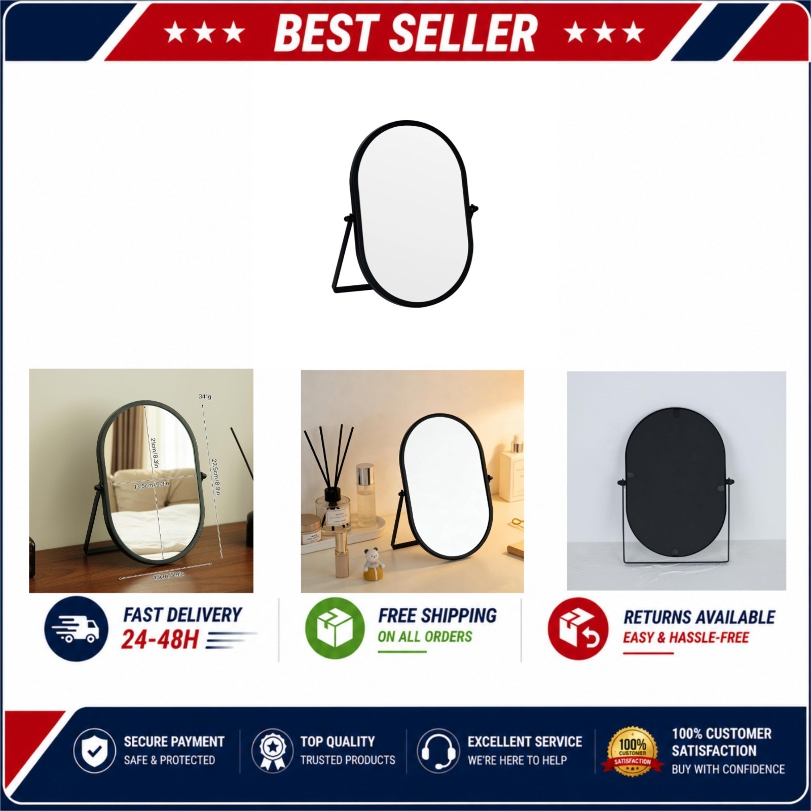 Tstarer Oval Vanity Mirror with Stand, Black Tabletop Makeup Mirror