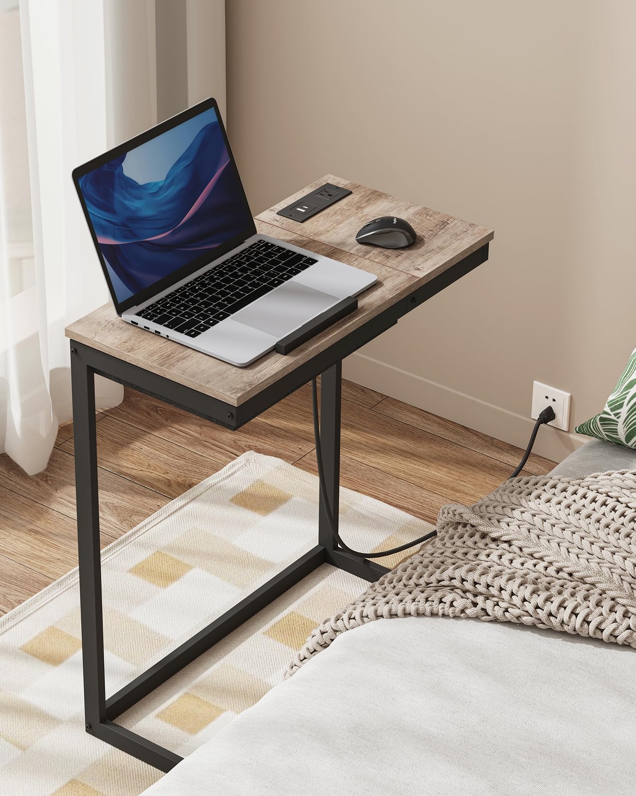Shaped End Table with Charging Station, Tilting Laptop Stand Side Table, Unde…