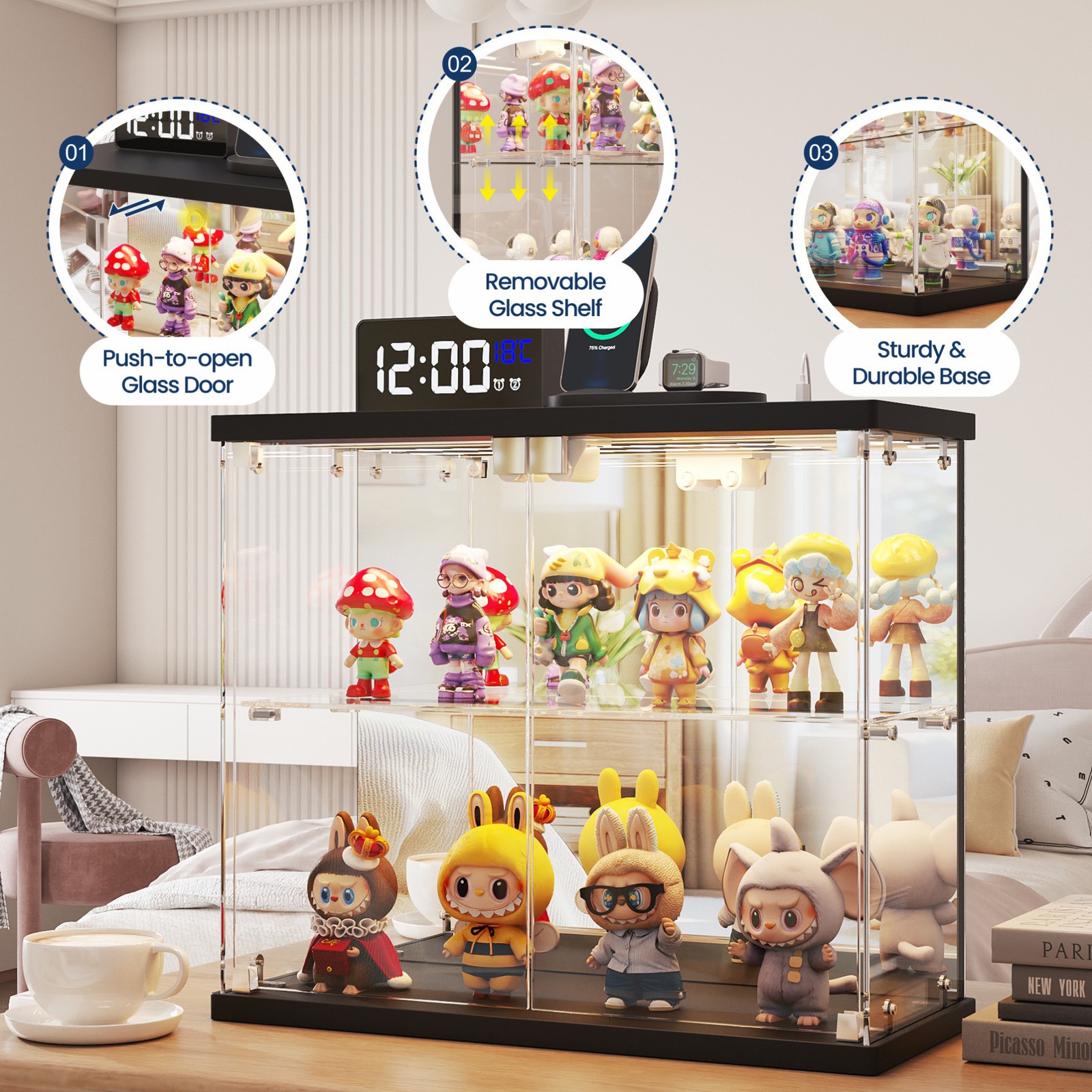 Glass Display Case with LED Lights & Human Sensor for Model Car, & Collectibles