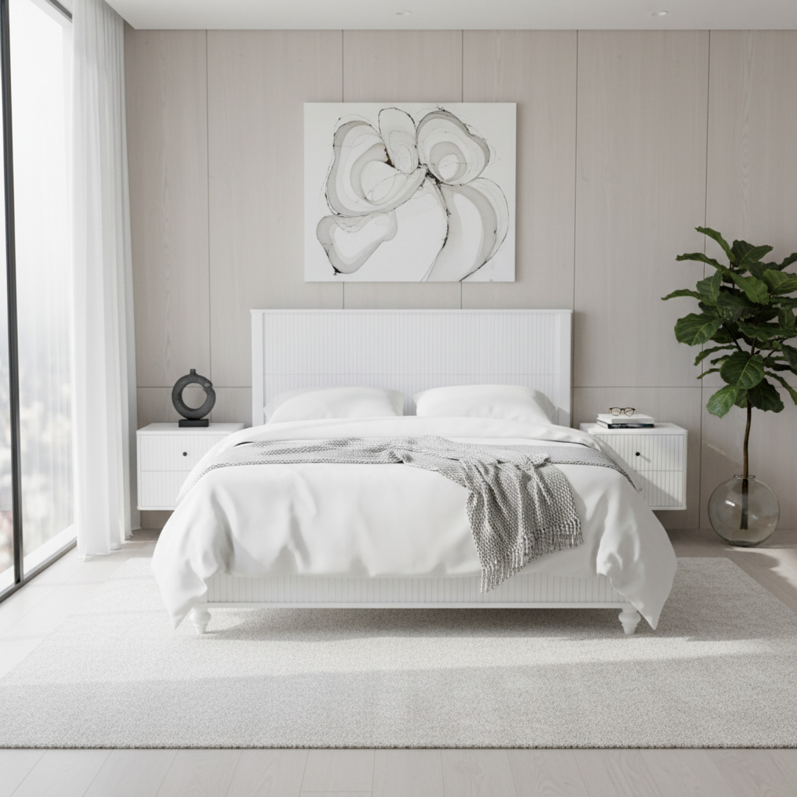 White Queen Size Bed Frame, Solid Wood & MDF, No Box Spring Needed