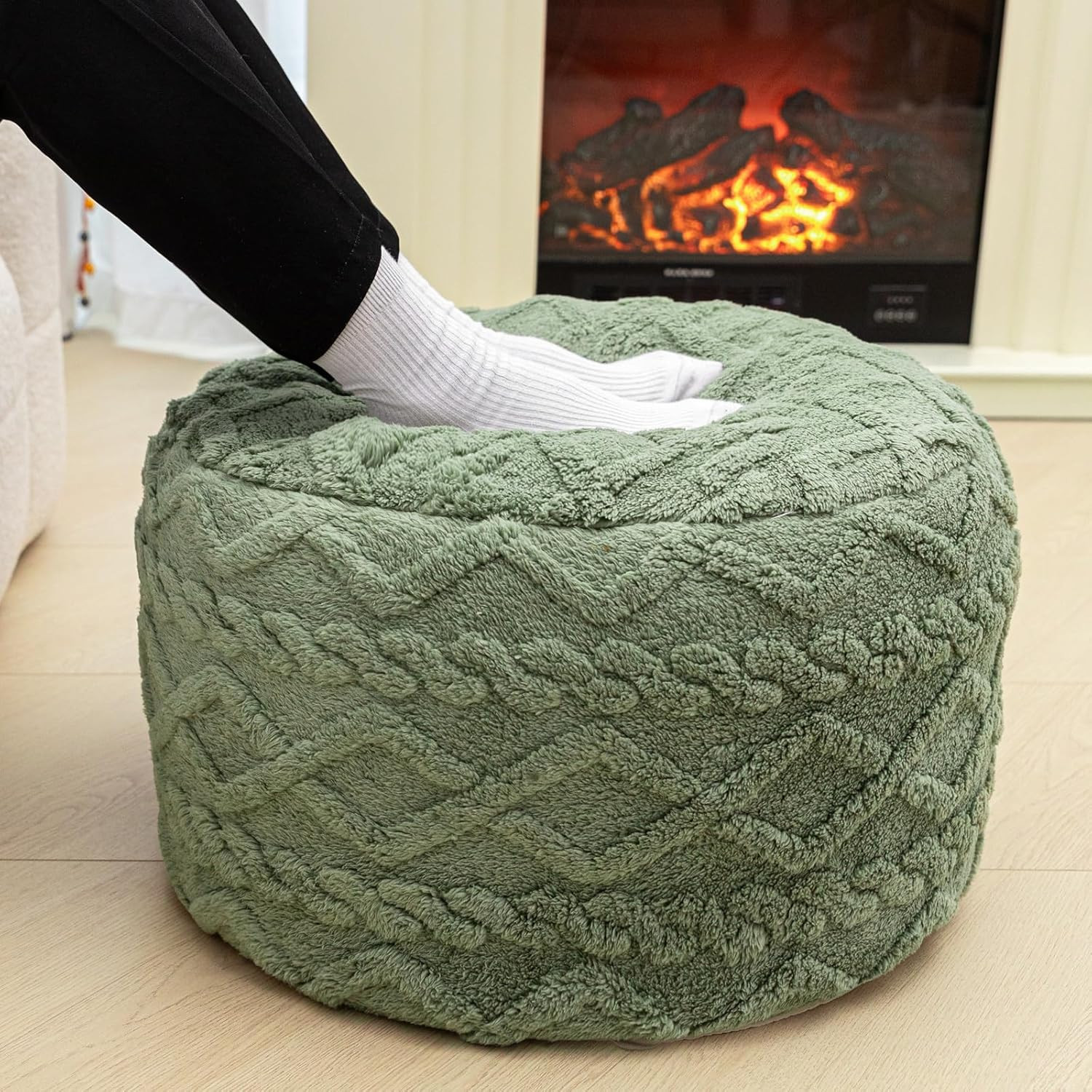 Sage Green Round Pouf Ottoman – Foam Foot Rest & Floor Seat, 20×12 In
