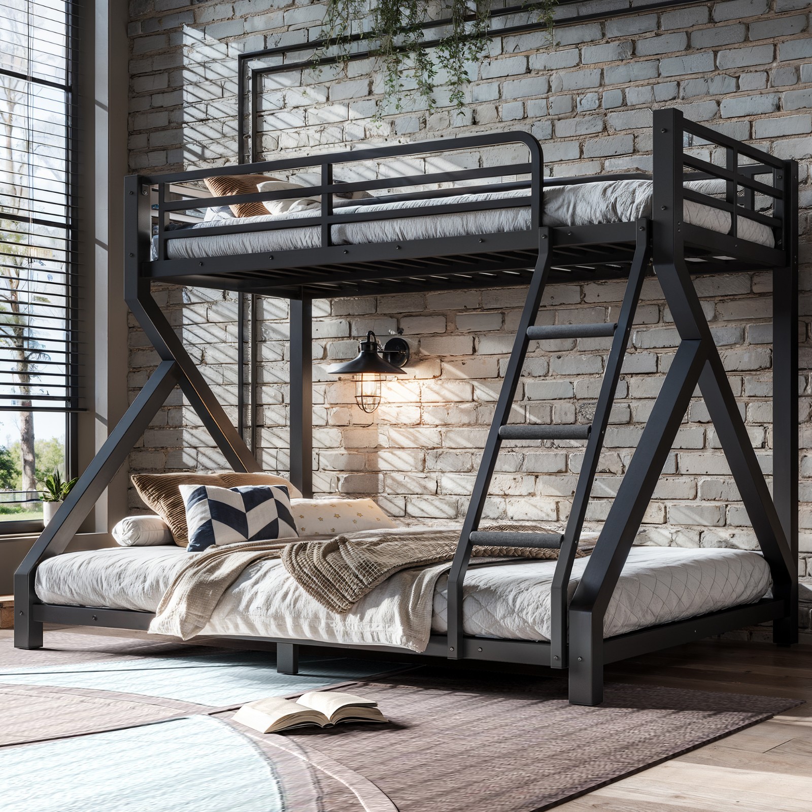 Twin over Full Metal Bunk Bed w/Ladders, Full Upgraded Support Slats Black