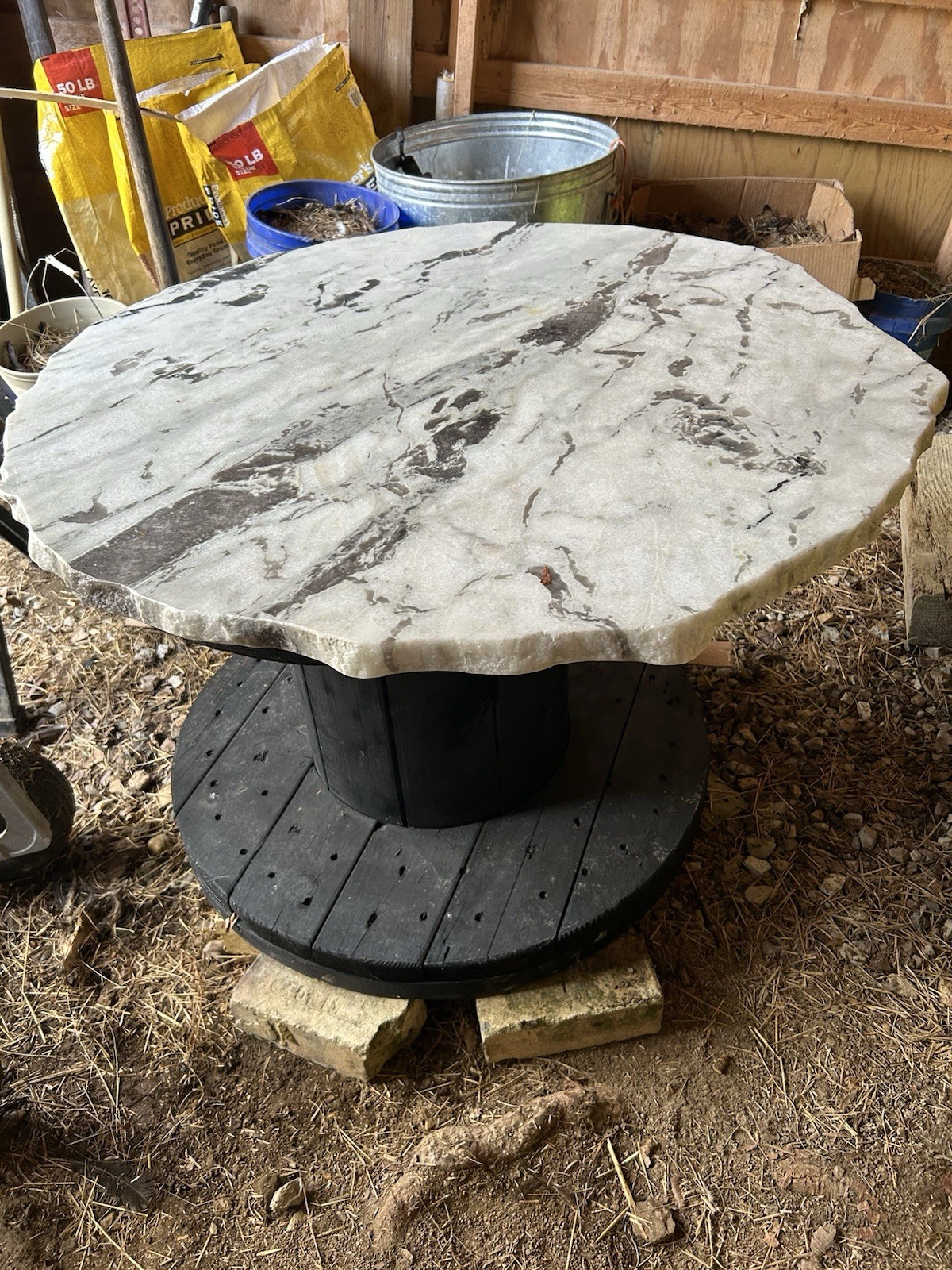 Handmade Granite Top Round Coffee Table Wood Spool Base Contemporary Chiseled