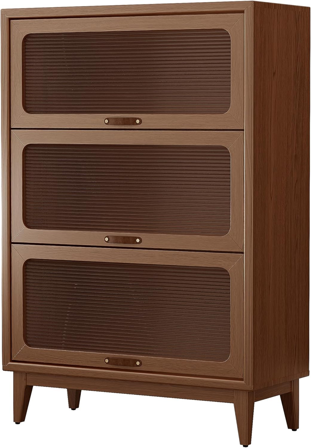 Mid Century Modern Solid Wood Bookcase with Glass Doors – Walnut 31.5″ W