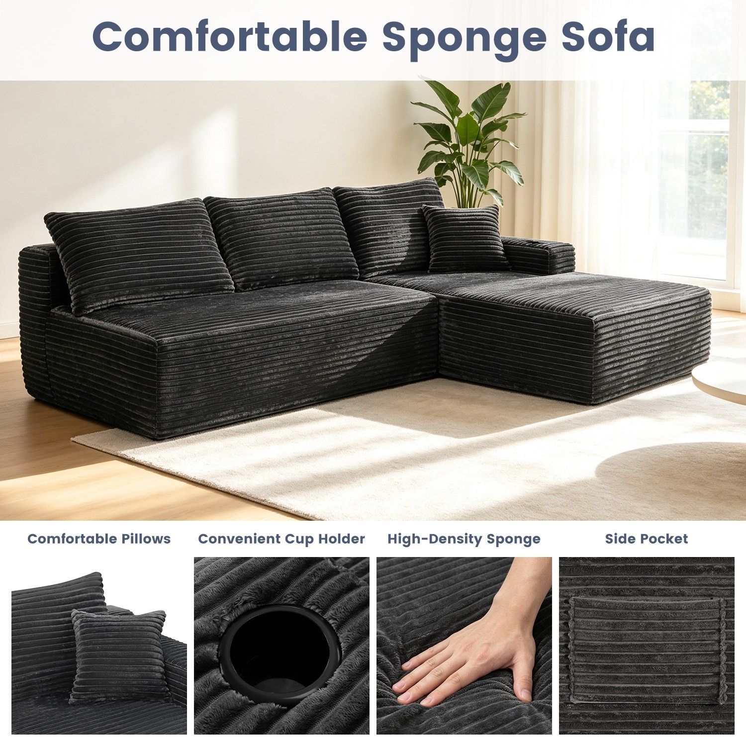 Modular Sectional Sofa U/L Shaped Corduroy Cloud Couch w/Chaise &Cushion Sofa