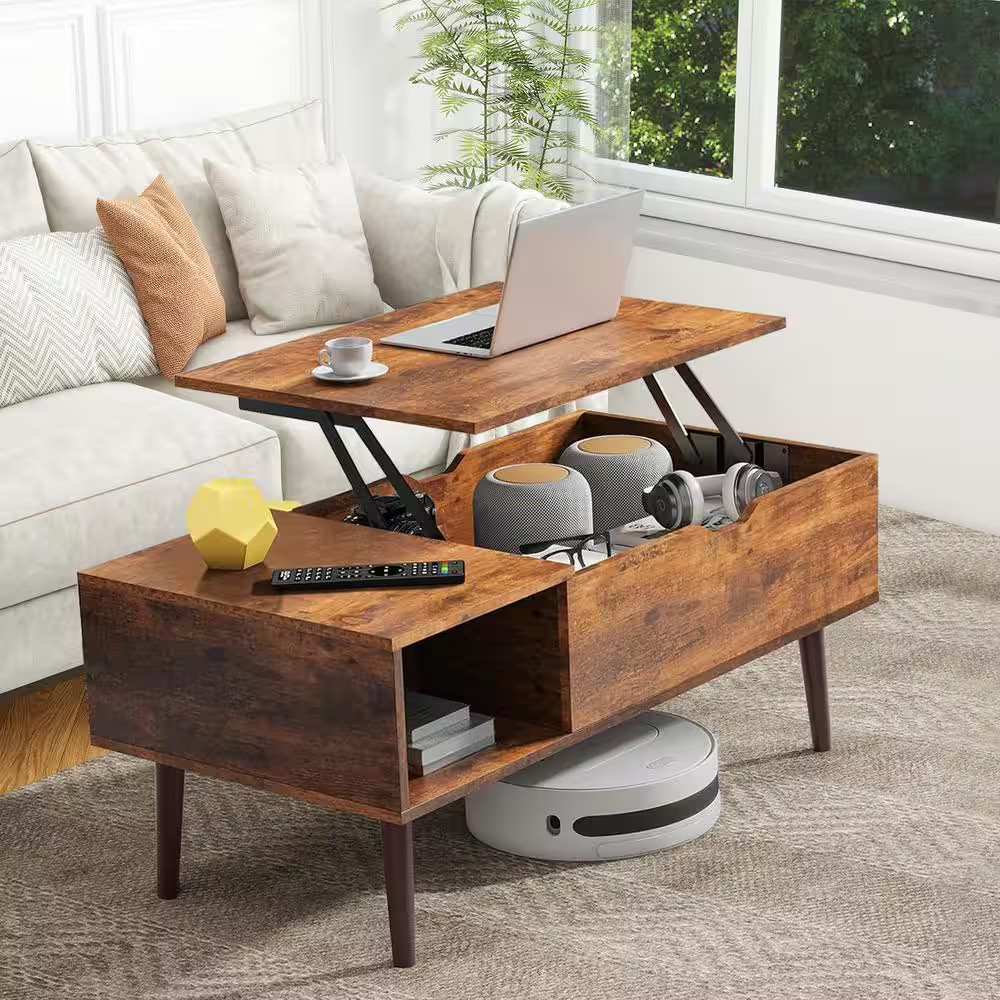 Modern 39.37 In. Rust Brown Small Rectangle Wood Lift Top Coffee Table with Stor
