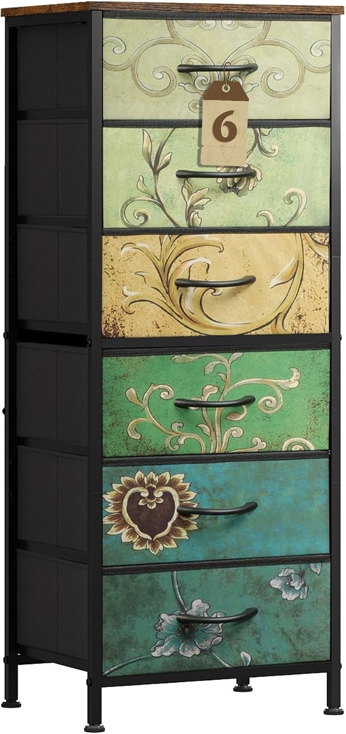 WLIVE Tall Dresser 6 Drawer Fabric Bins Metal Frame Floral Painted