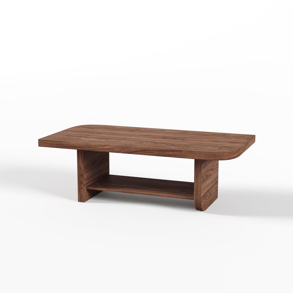 47.2″ Fan-Shaped Coffee Table with Shelf, Walnut Mid-Century Modern