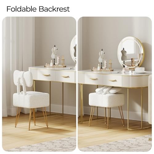 Small Vanity Chair with Storage, Folding Back, Teddy Fleece Ottoman, White
