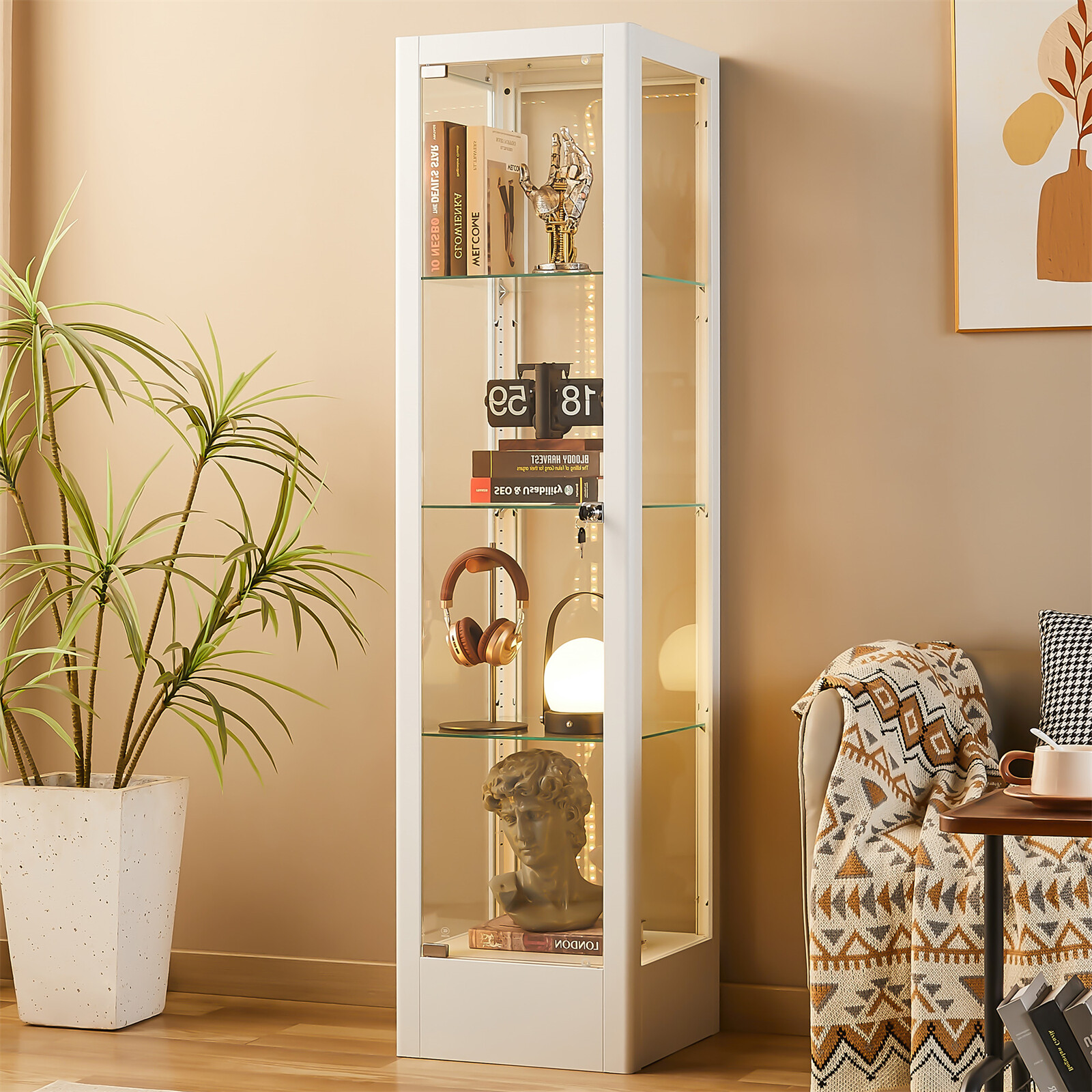 63″ Steel Curio Display Cabinet w RGB Light Lockable Collectibles Rack BookShelf