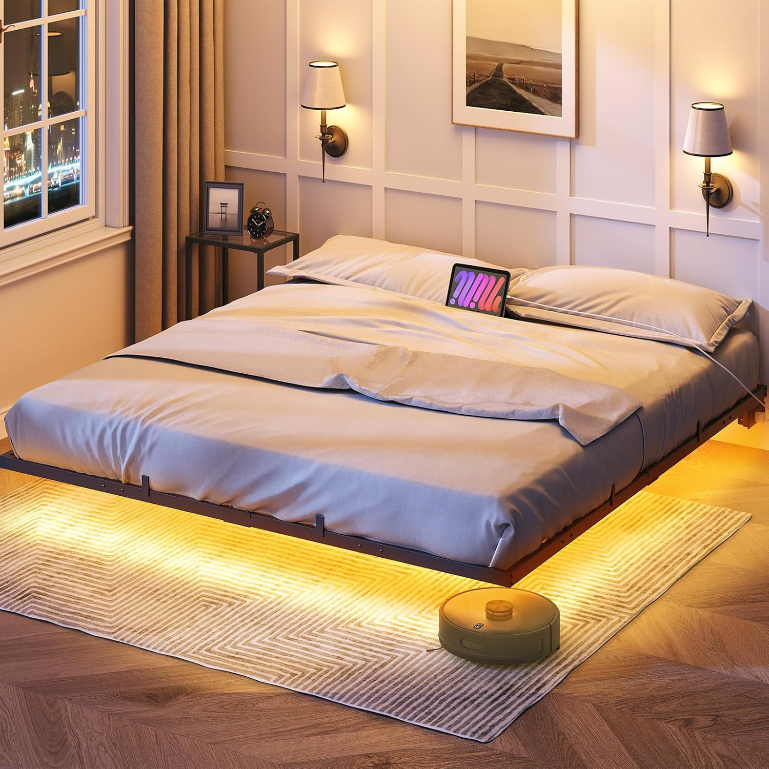 King Size Floating Bed Frame with LED Lights & Charging Station, Black Metal