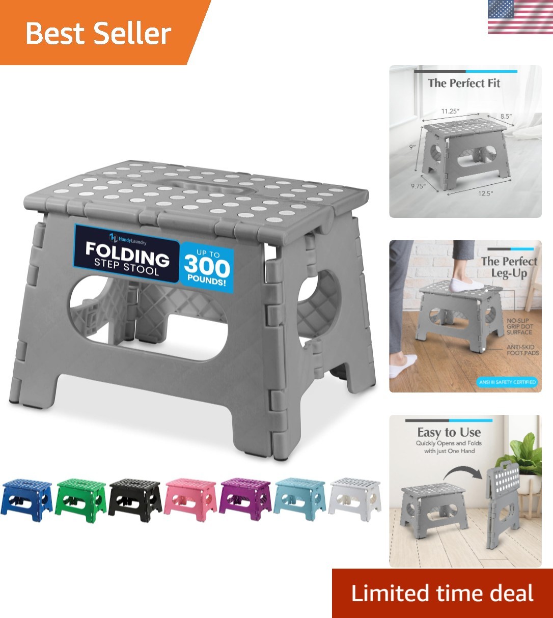 Versatile Folding Step Stool – 9 Inch Lightweight & Durable for All Ages, Grey