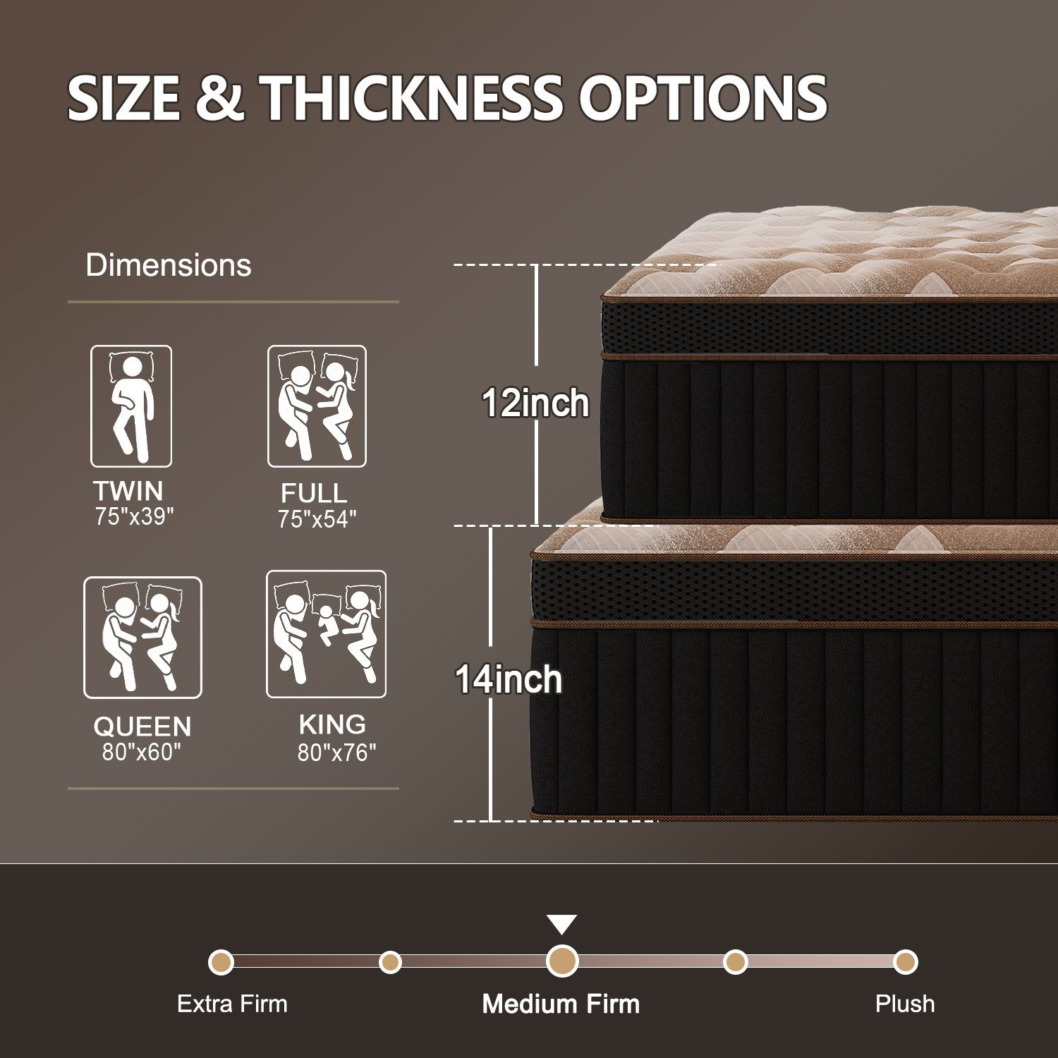 12″ 14″Twin Full Queen King Size Gel Memory Foam Spring Mattress In A Box
