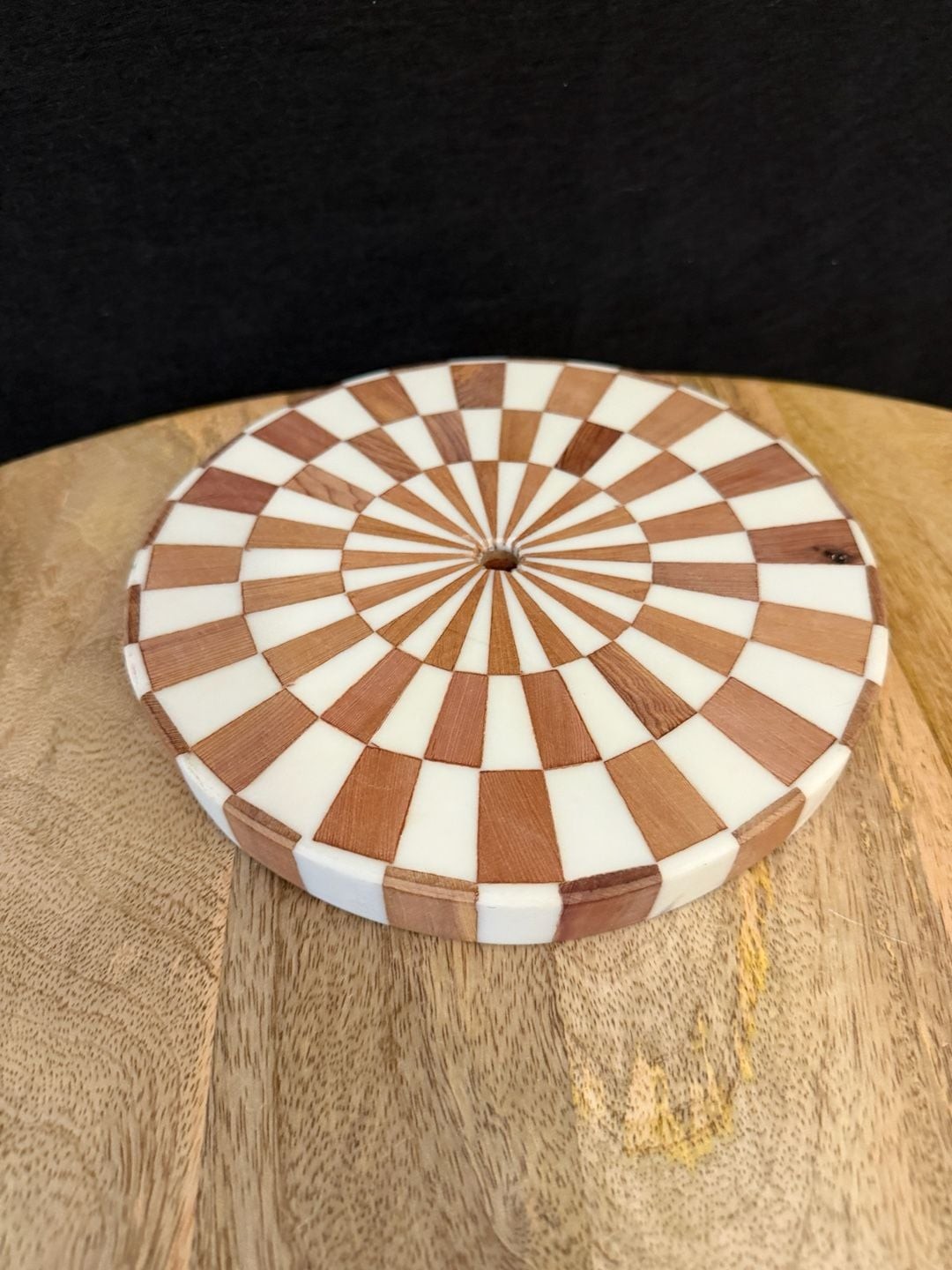 Handcrafted Cedar and White Resin Decorative Geometric Inlay Table Top
