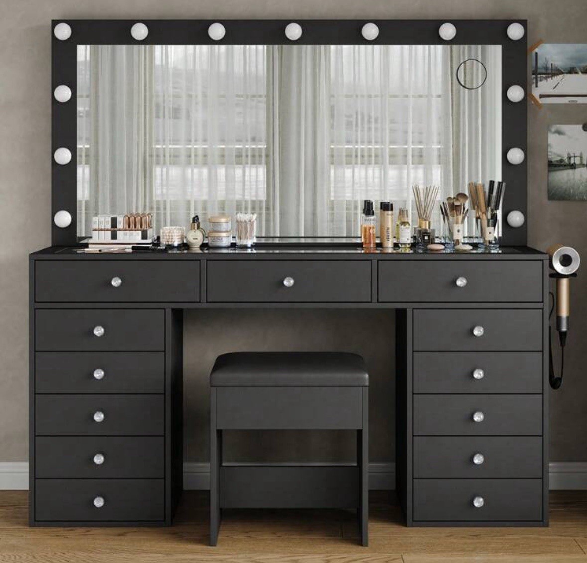 Yanosaku 13-Drawer Black Vanity Desk Mirror LED Lights Power Outlet