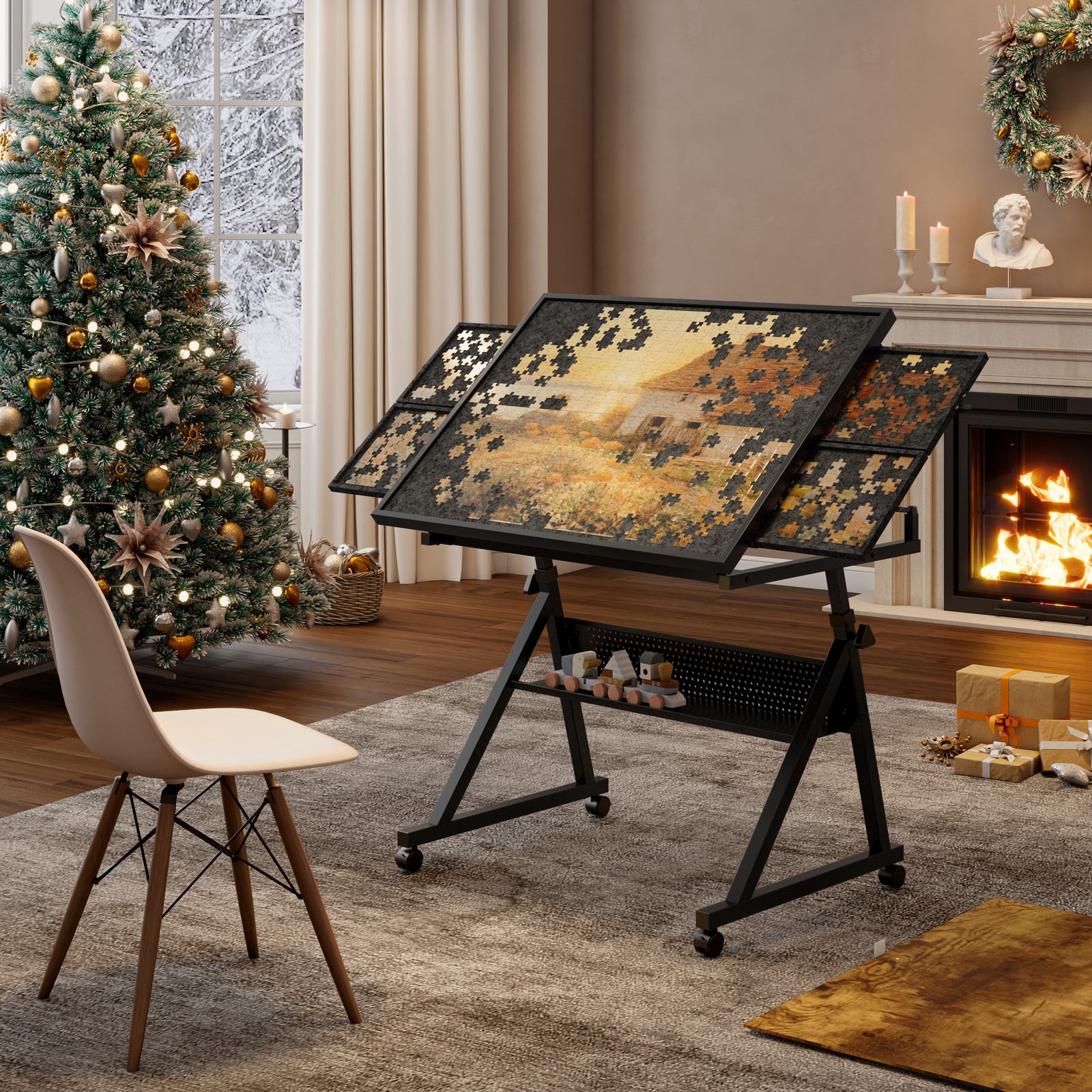 1500 Piece Jigsaw Puzzle Table Board for Adults, Metal with 4 Trays, Black
