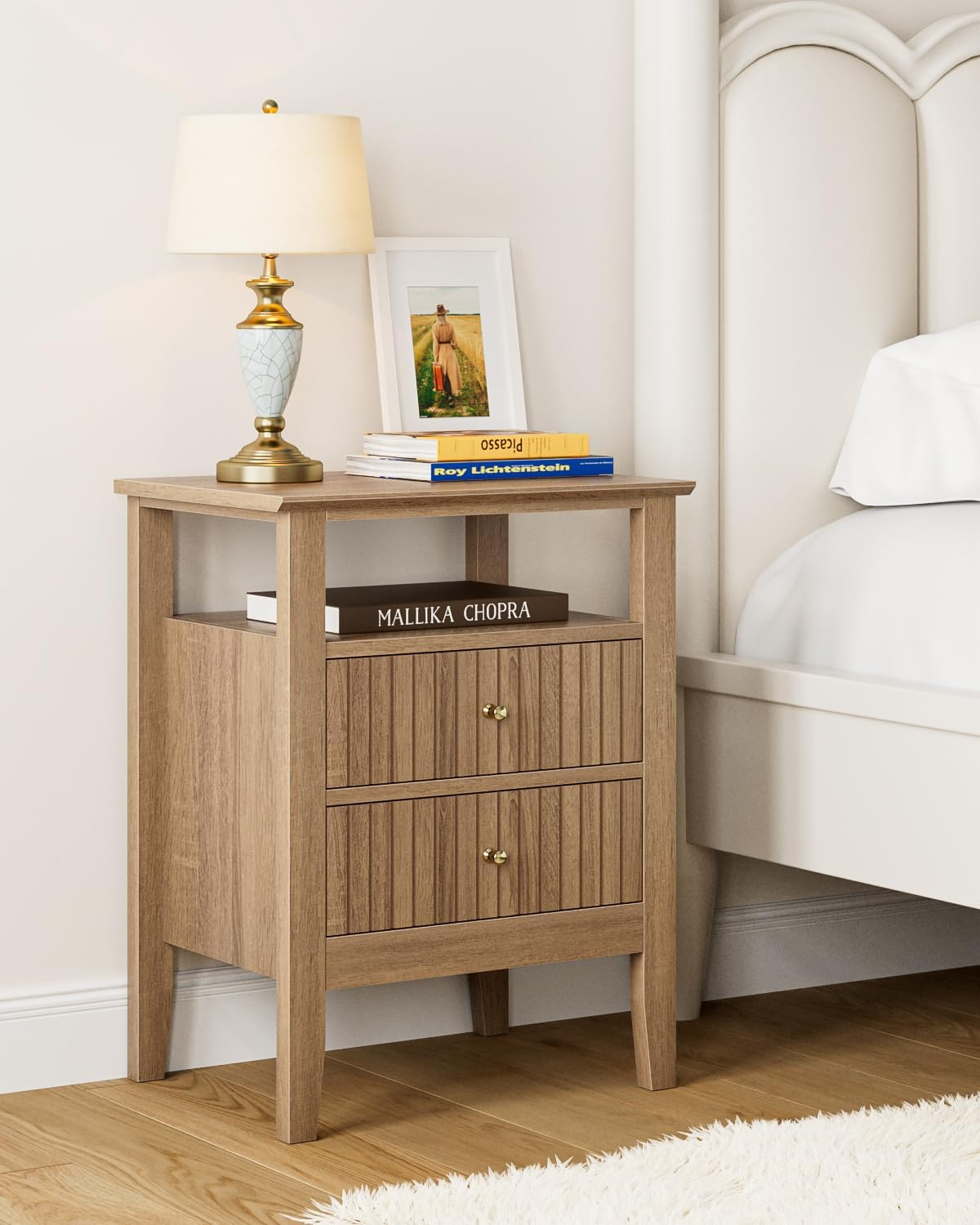 Fluted Nightstand, Farmhouse Night Stand with 2 Drawers, Mid Century Modern Side