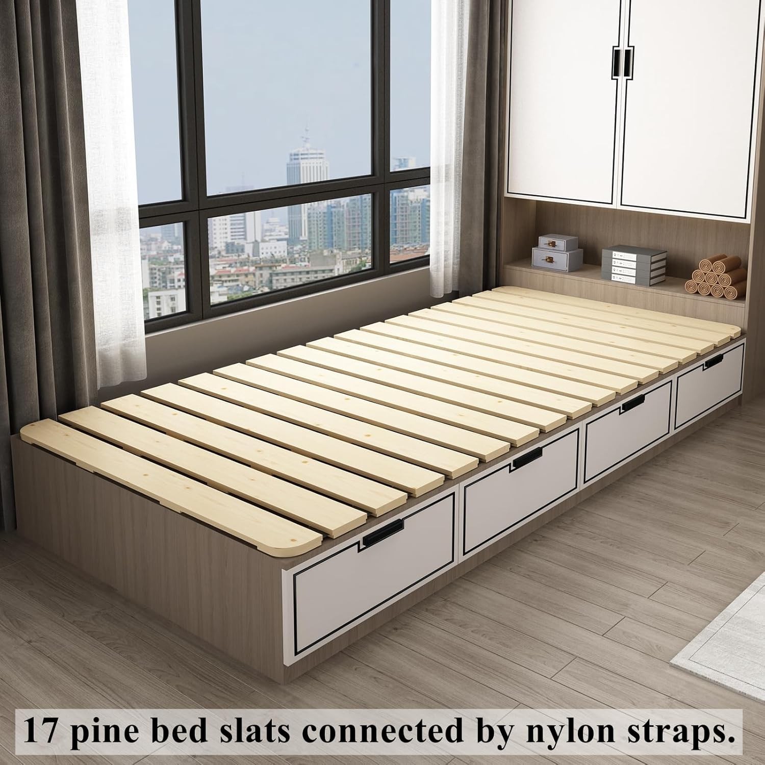 Foldable Floor Bed Frame, Breathable Wooden Roll-Up Slats Base for Japanese