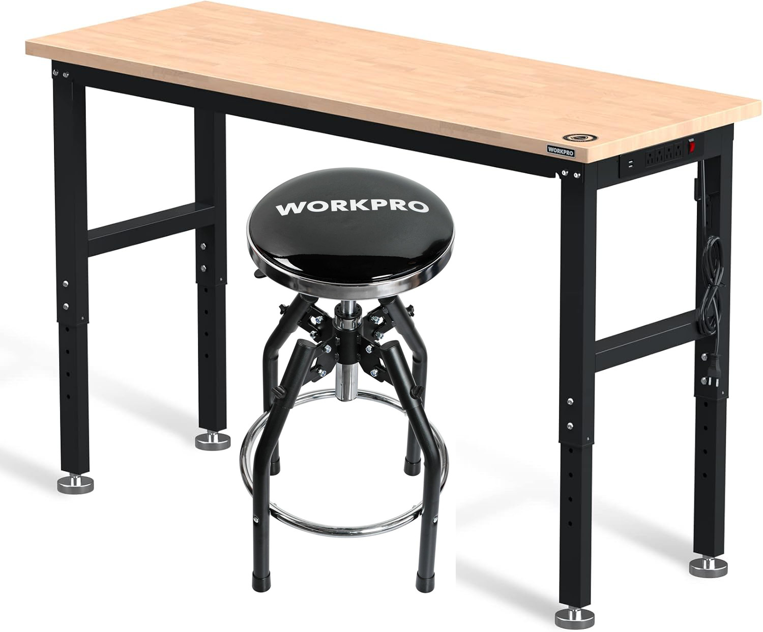 WORKPRO 60″ Adjustable Workbench 29in to 33.86in Shop Stool Garage Bar Stool Set