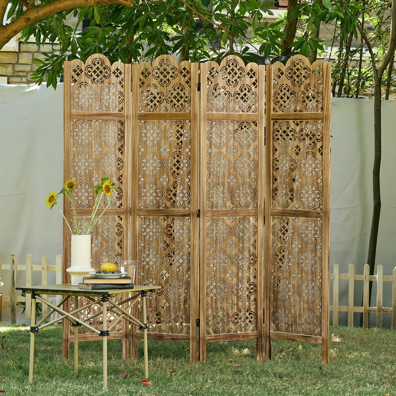 68.9Inch Folding Room Divider, 4 Panels Wood Carved Screens – Ideal Decorative