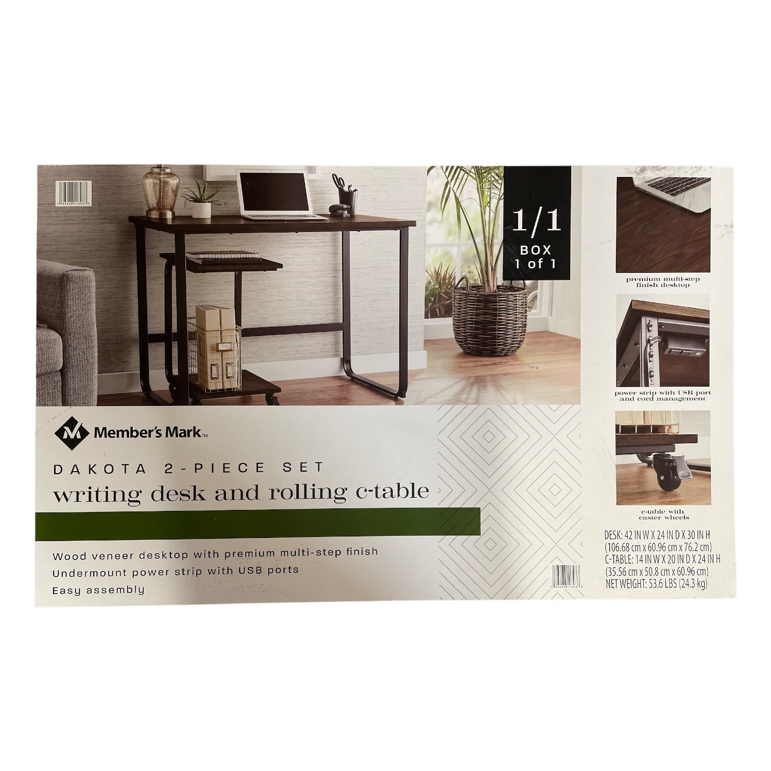 Member’s Mark Dakota 2-Piece Writing Desk and C-Table Set, Dark Brown