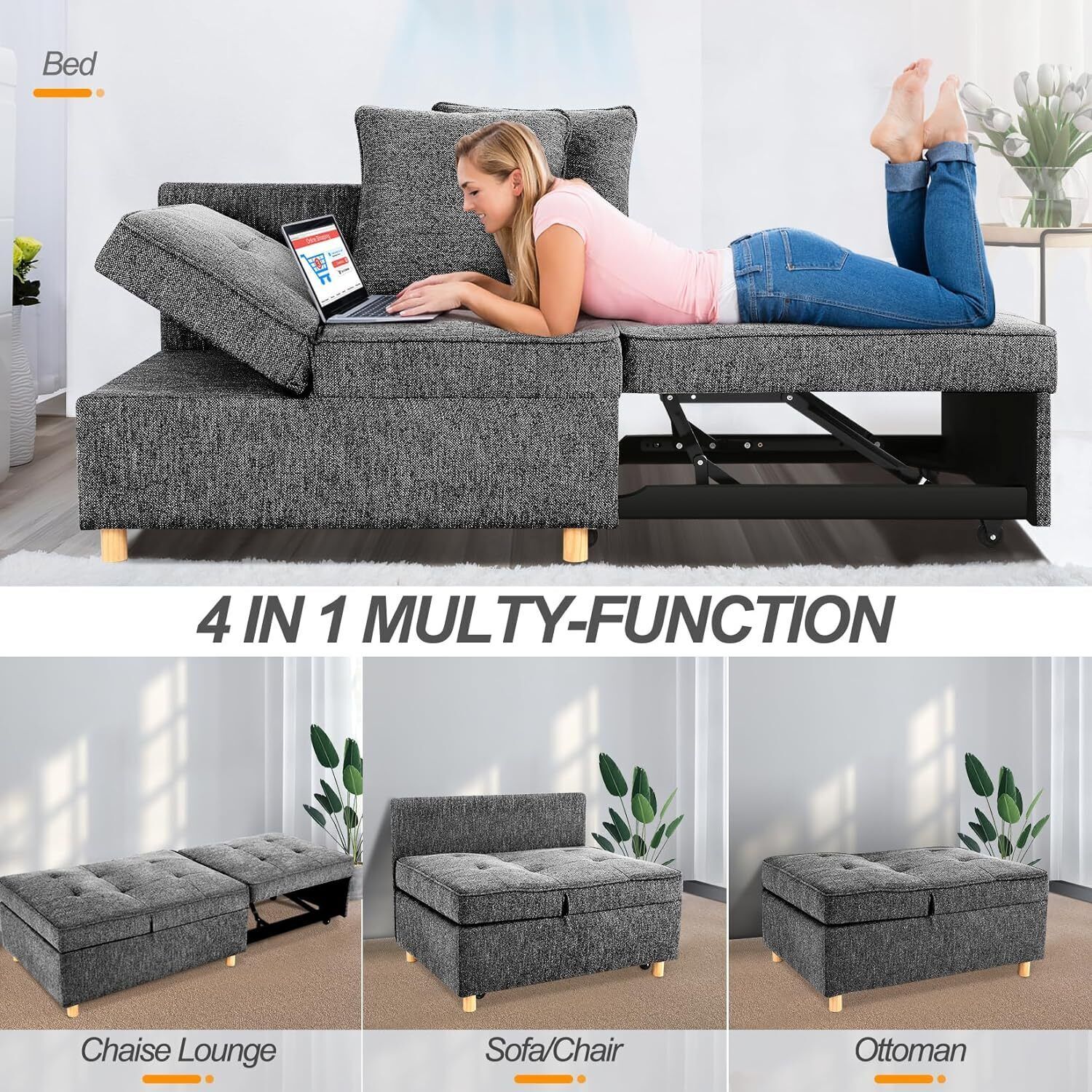Modern 4-in-1 Convertible Sofa Bed Recliner Single Sleeper Loveseat Sofa Chair⭐⭐