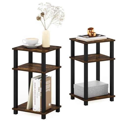 JUST Side Table Set of 2, 3-Tier 2-Pack, Plastic Poles Amber Pine/Black 2-Pack