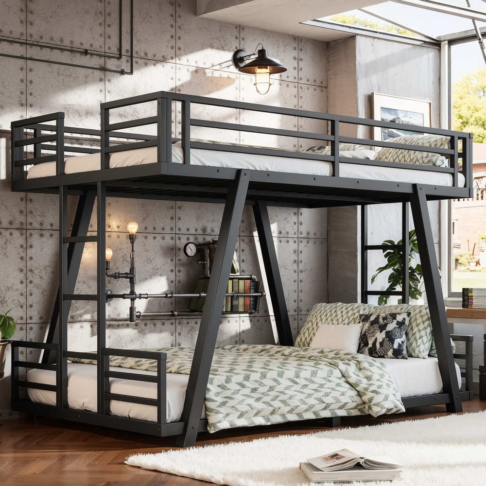 Twin XL Over Twin XL Bunk Bed, Heavy Duty Metal Bunk Bed for Adults Black Bed