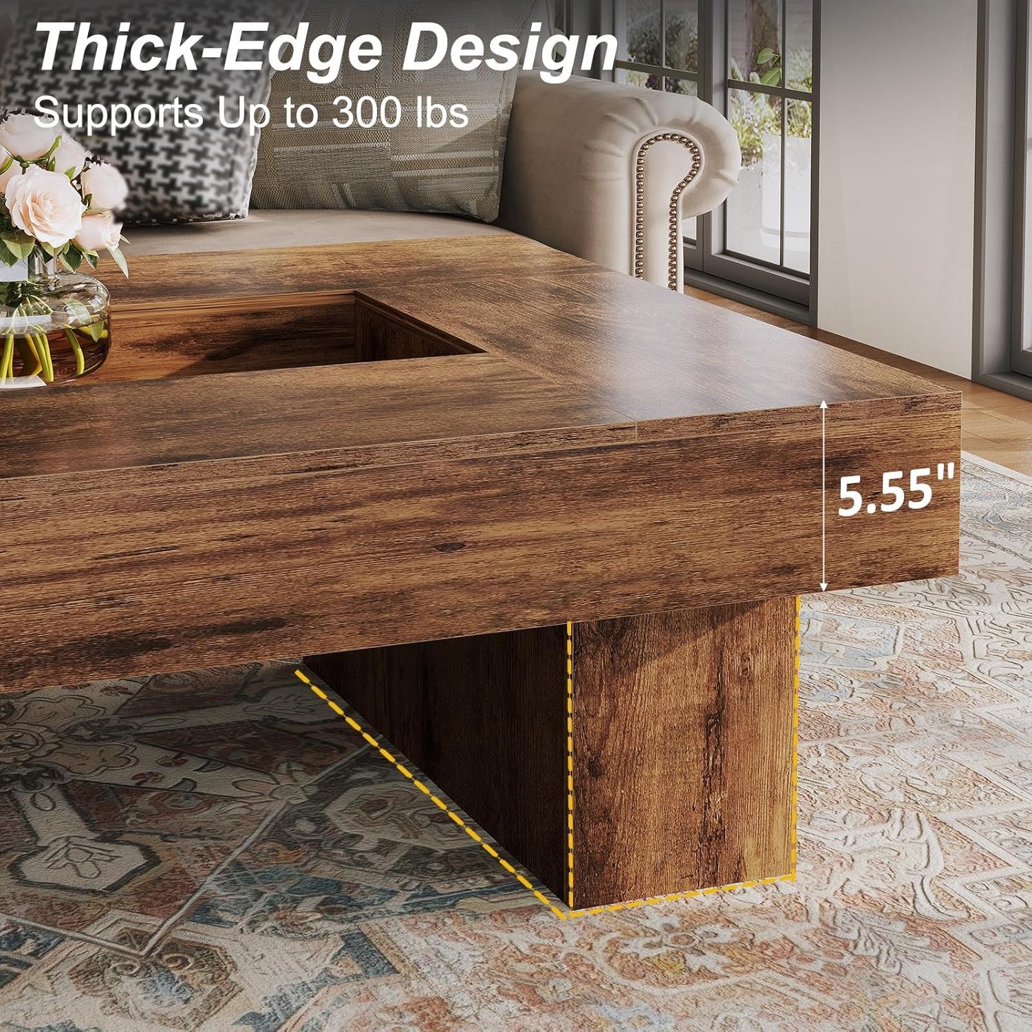 47 Inch Rustic Coffee Table with Storage LED Wood Center Table Large Wide