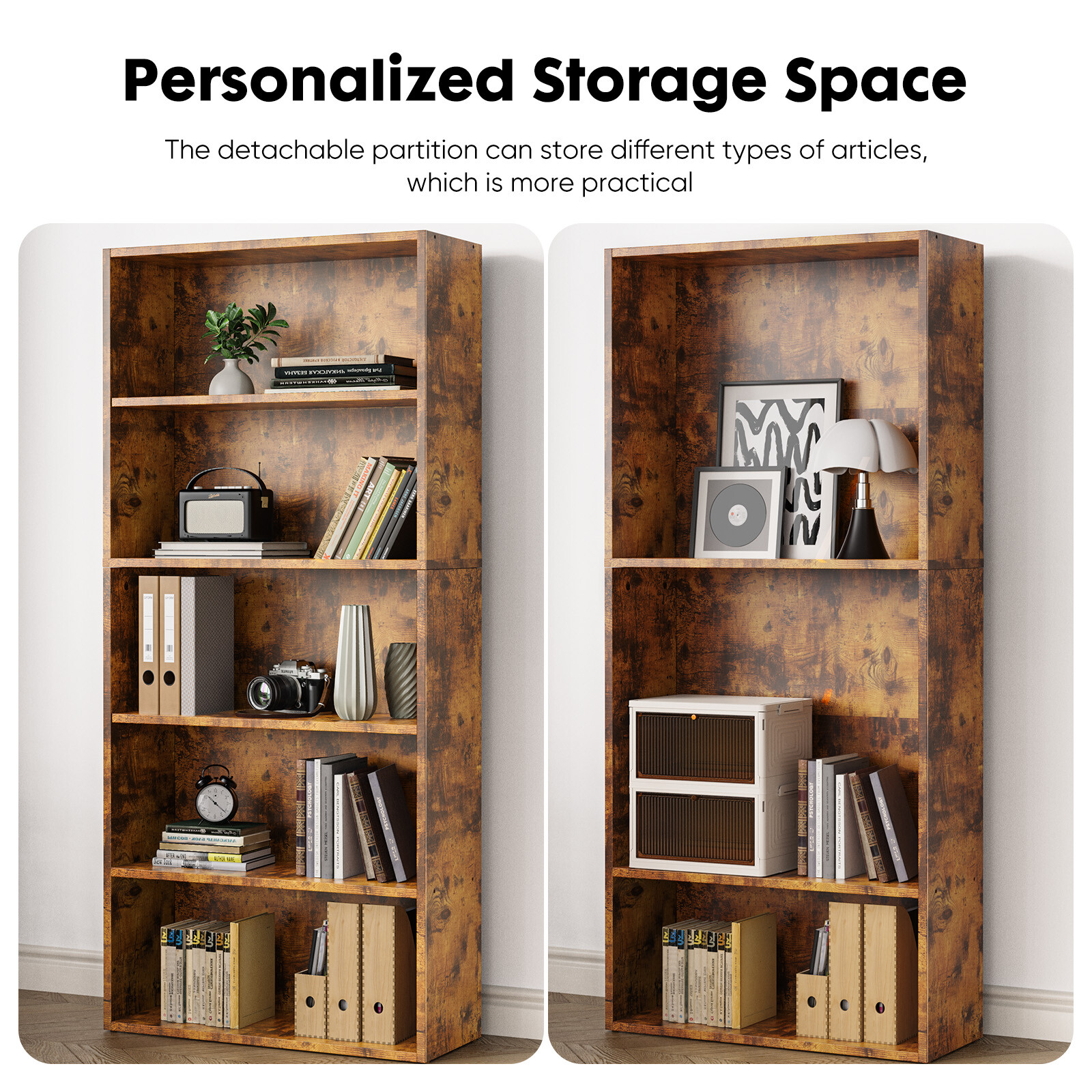 Bookshelf 5/6Tier Storage Shelf Adjustable Bookcase Open Wood Magazine Organizer