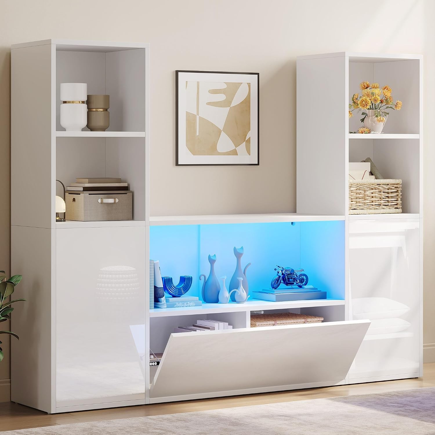 White U-Shaped Bookcase with Adjustable LED Storage Bookshelf