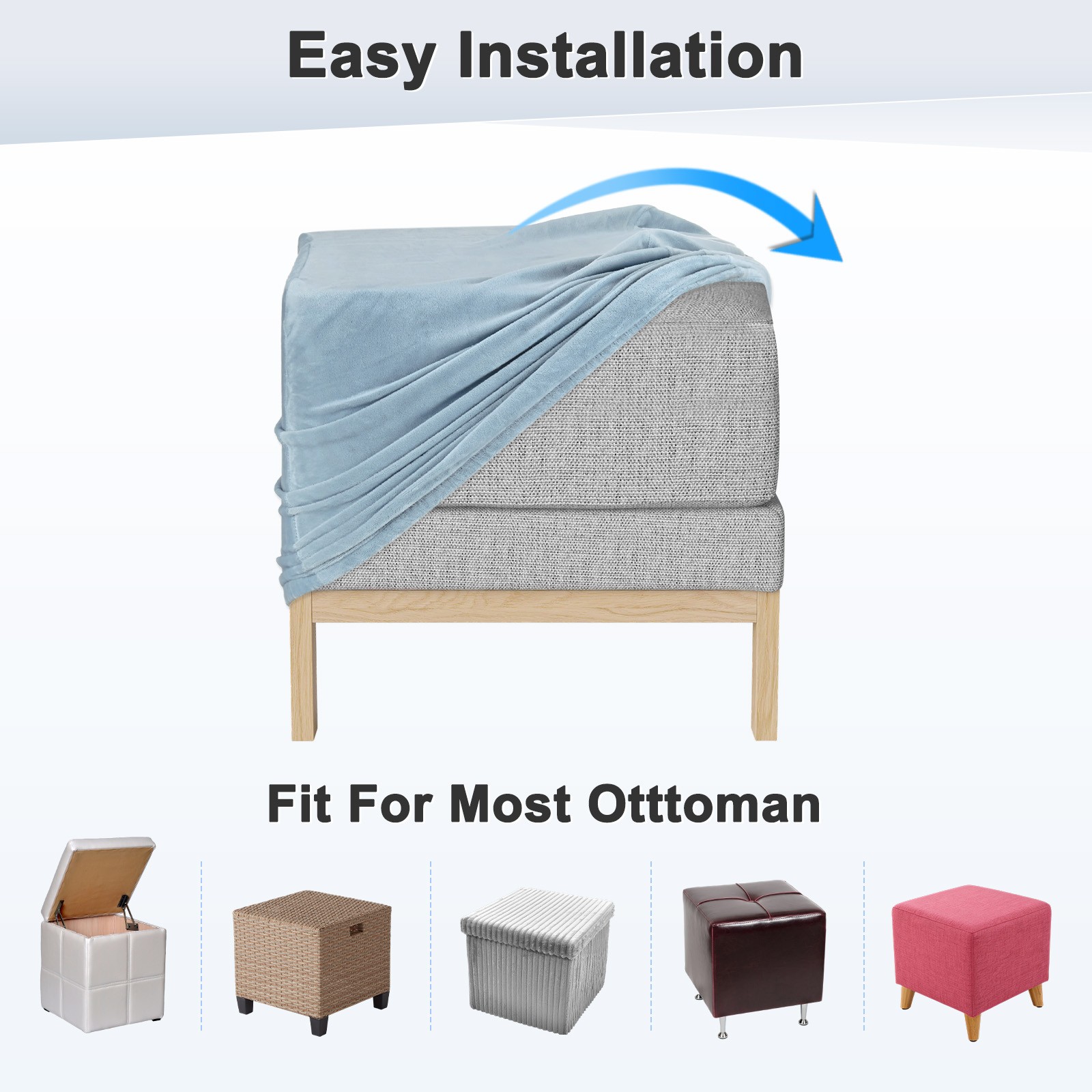 1-Pack 13″x13″x15″ Stretch Square Ottoman covers Footstool Protector Light Blue