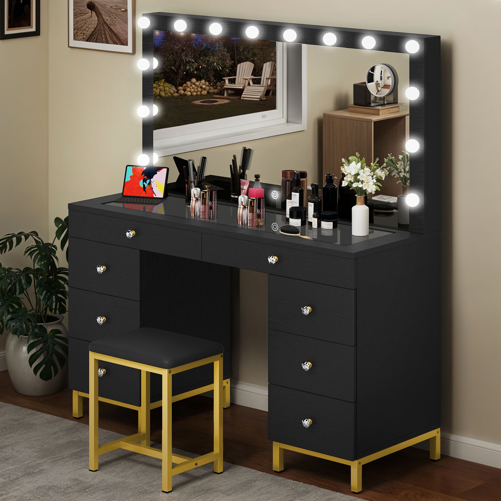 LED Vanity Makeup Dressing Table Desk Set With Lighted Mirror & Power Outlets
