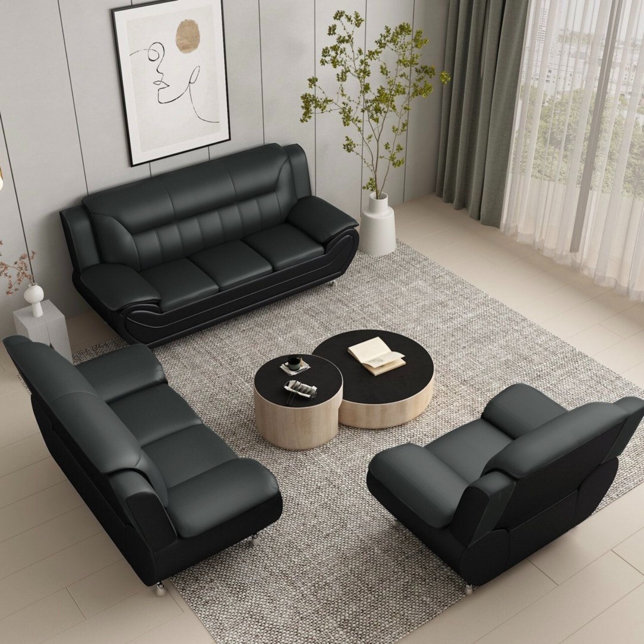 NEW Black Leather Gel 3PC Sofa Set Contemporary Modern Living Room Furniture