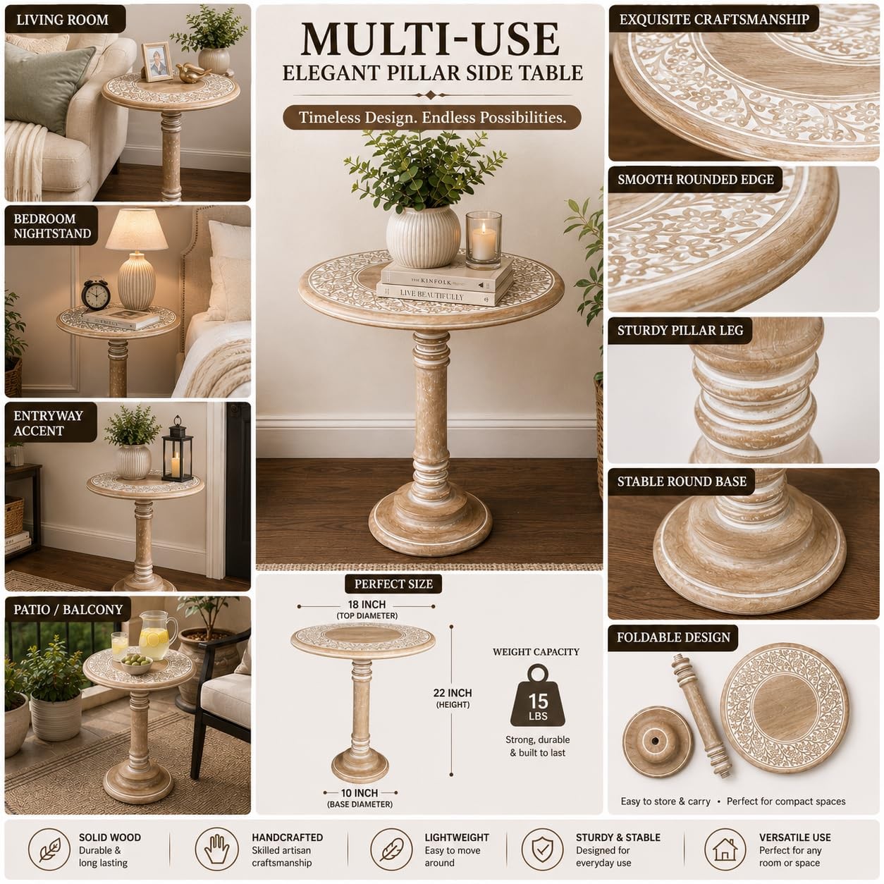 Goroly Home Handcarved Solid Wood Pillar Accent 18×22 – Pillar, White Wash