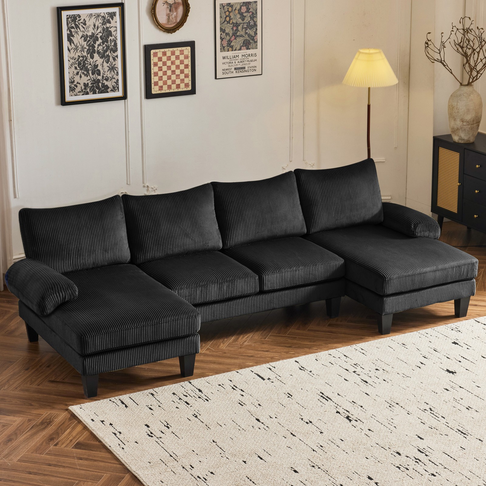 111.4″L x 48.4″W x 33.1″H U-Shape Sectional Sofa Couch Corduroy Fabric Black