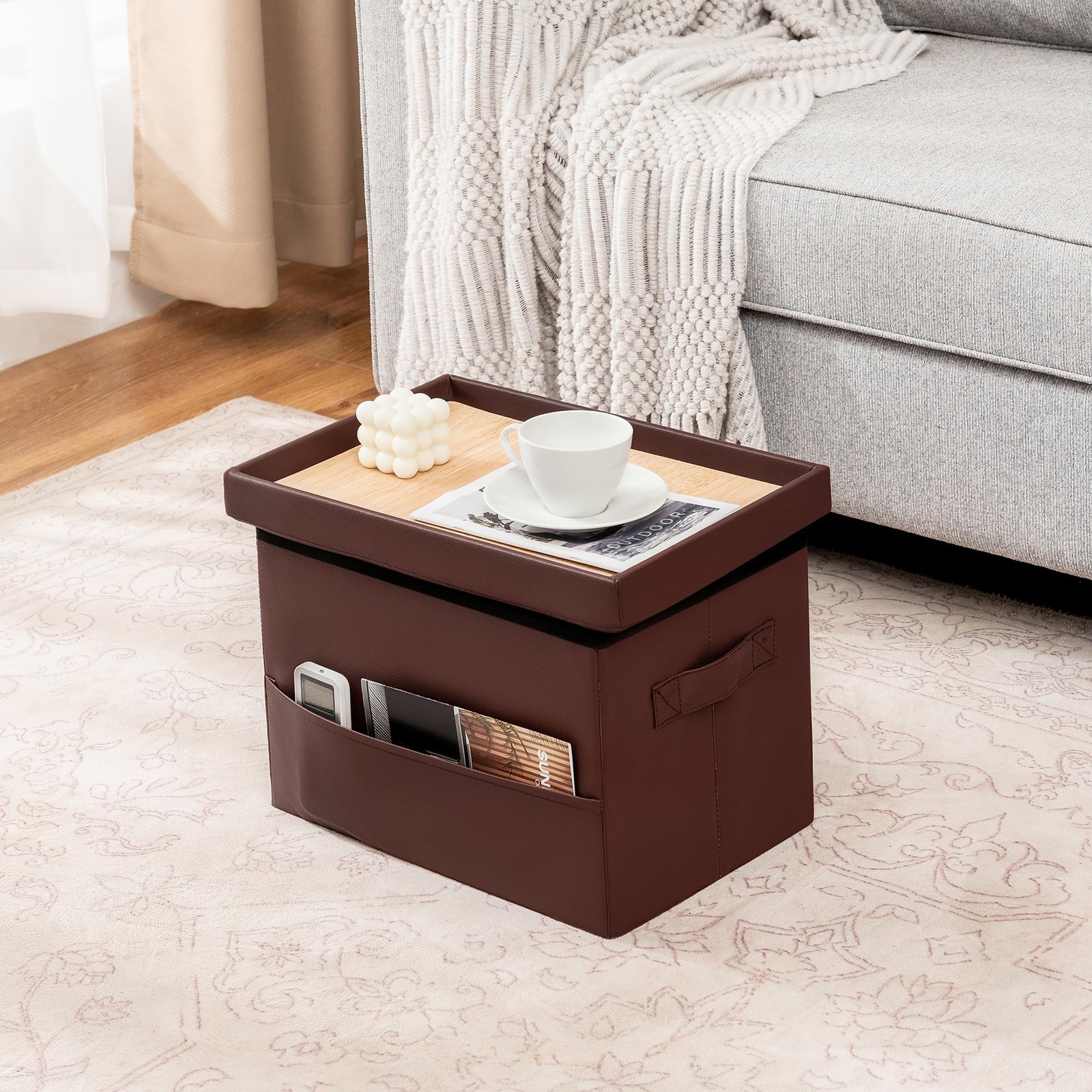 Brown Small Storage Ottoman Foldable Leather Foot Stool 11.6×16.3×11.4 Inch