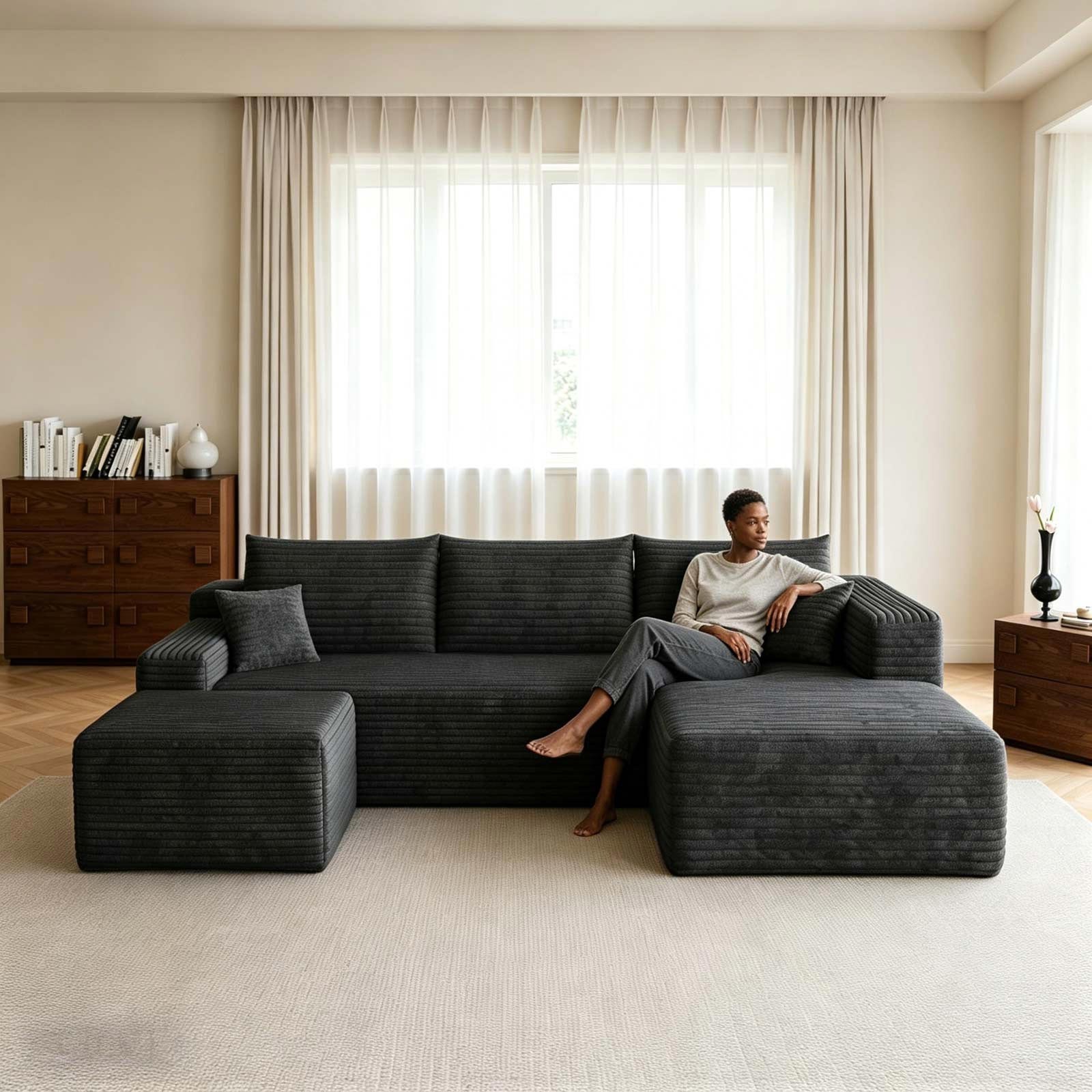 95″ U Shaped Boneless Sectional Couch Memory Foam Sofa Right Chaise with Ottoman