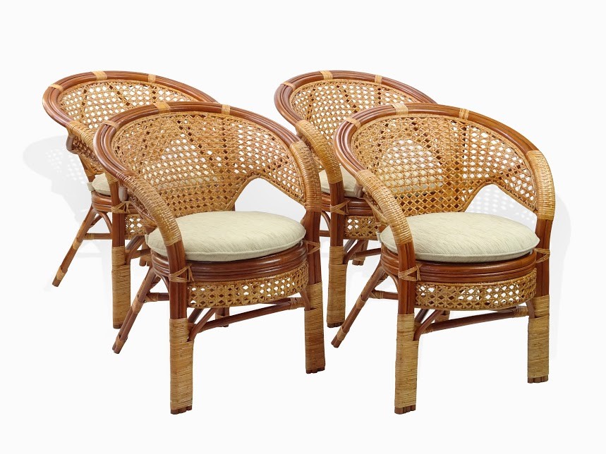 Set of 4 Pelangi Dining Armchairs Design Handmade Rattan Wicker, Cognac
